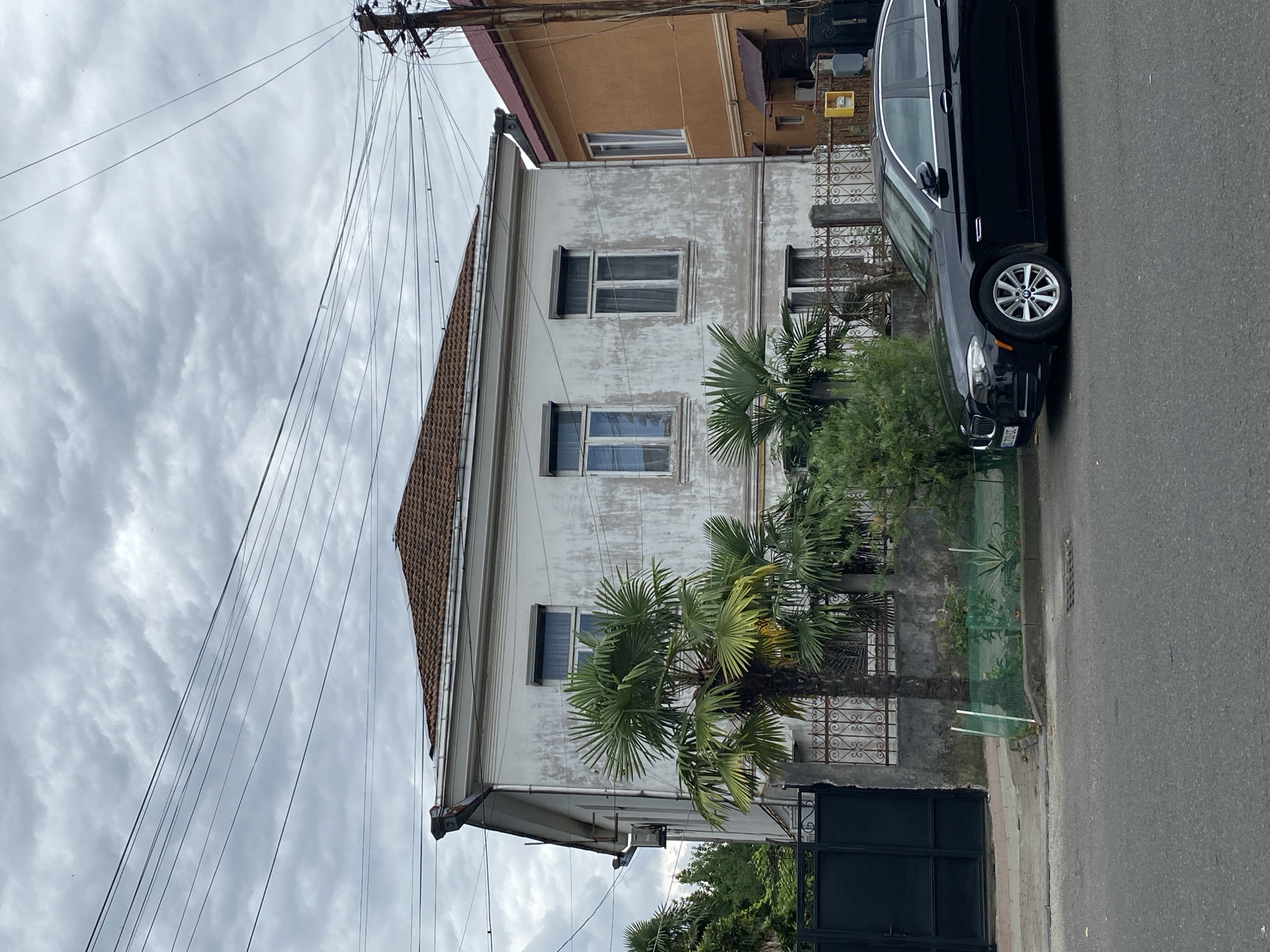 The image depicts a street scene in Batumi, Georgia. A black BMW sedan is parked on the right side of the street, facing left. Behind the car is a white two-story building with a red-tiled roof. The building appears aged, with peeling paint and faded plaster. Several palm trees are in front of the building, obscuring some of the lower windows. To the right of the white building is an orange two-story building. Overhead, numerous power lines crisscross the sky, which is overcast with gray clouds. A black metal gate is visible on the far left of the image. A street drain is visible in the foreground on the asphalt road.