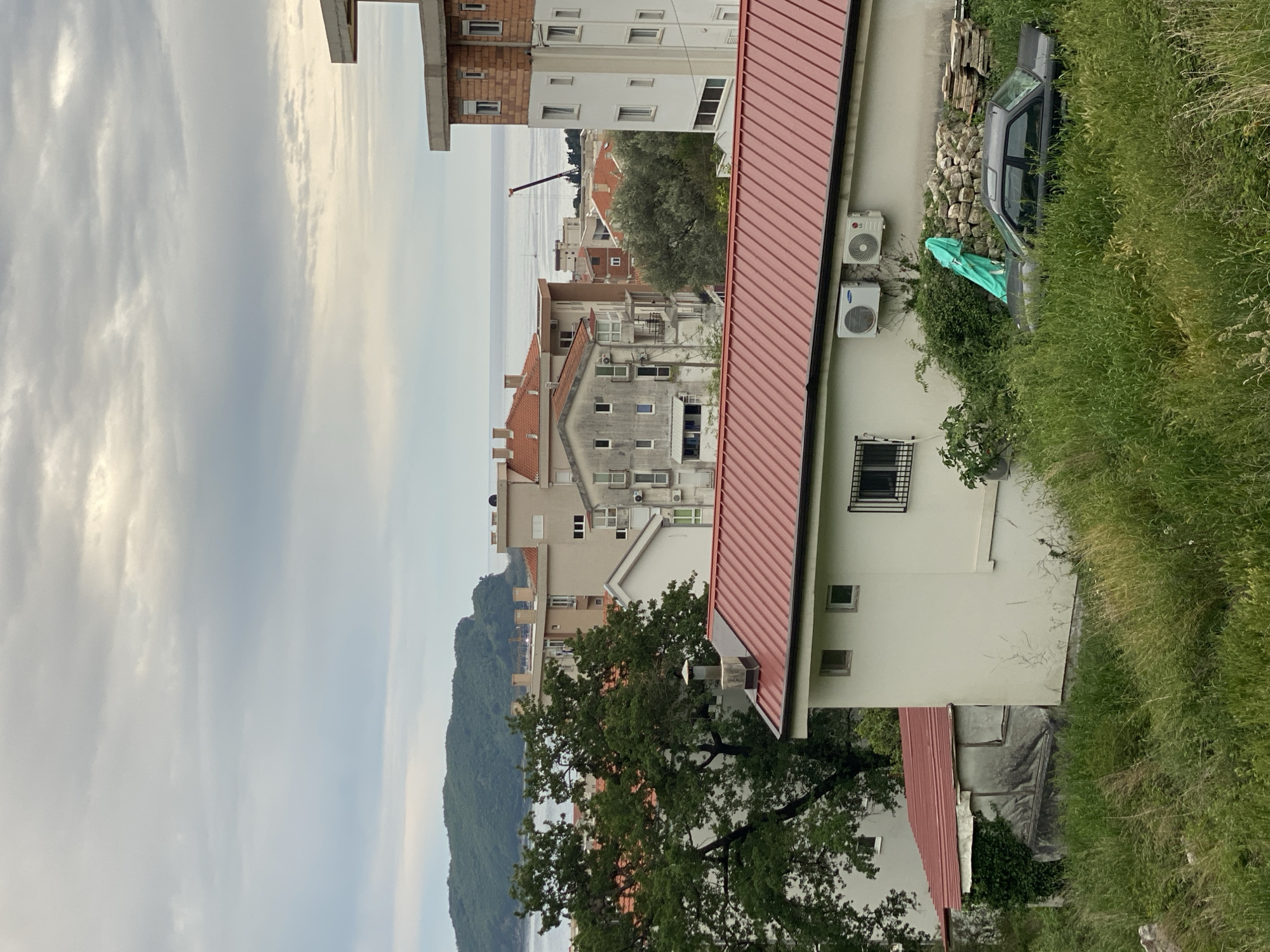 The image presents a view from an elevated position in Budva, Montenegro. In the background is the Adriatic Sea, obscured by a cloudy sky. A mountain is visible along the coastline. The foreground is dominated by residential buildings, some with red-tiled roofs. Several buildings have visible air conditioning units mounted on their exteriors. A large tree with green foliage is centrally located. A grey car sits adjacent to a building overgrown with vegetation. There are patches of tall grass and weeds along the right side of the image. A construction crane can be seen in the distance between the buildings.
