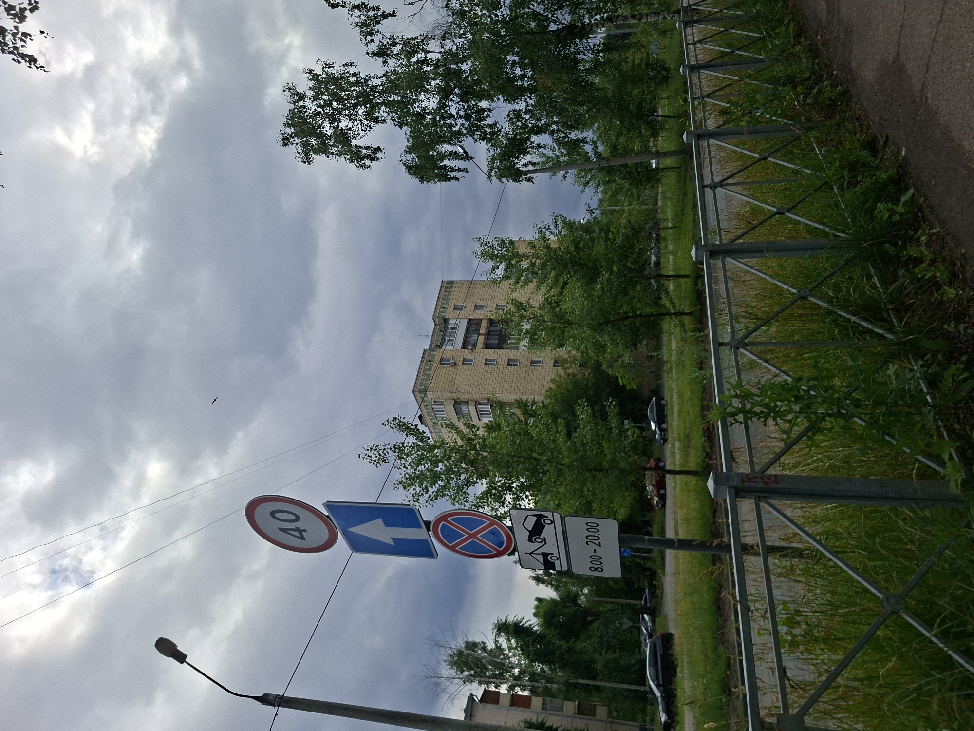 In a city scene under an overcast sky, a streetlamp is visible to the left. A series of traffic signs are mounted on a pole: a speed limit sign with "40", an upward-pointing arrow sign, a prohibitory sign with a red circle and blue background with a red cross, a sign depicting a tow truck hooking a car, and a sign indicating a time frame from "8.00-20.00". Beyond the signs, a multi-story apartment building stands, with several trees in the foreground and mid-ground. A metal fence runs along the sidewalk, with overgrown grass behind it. Cars are parked and driving on the road to the left of the fence.