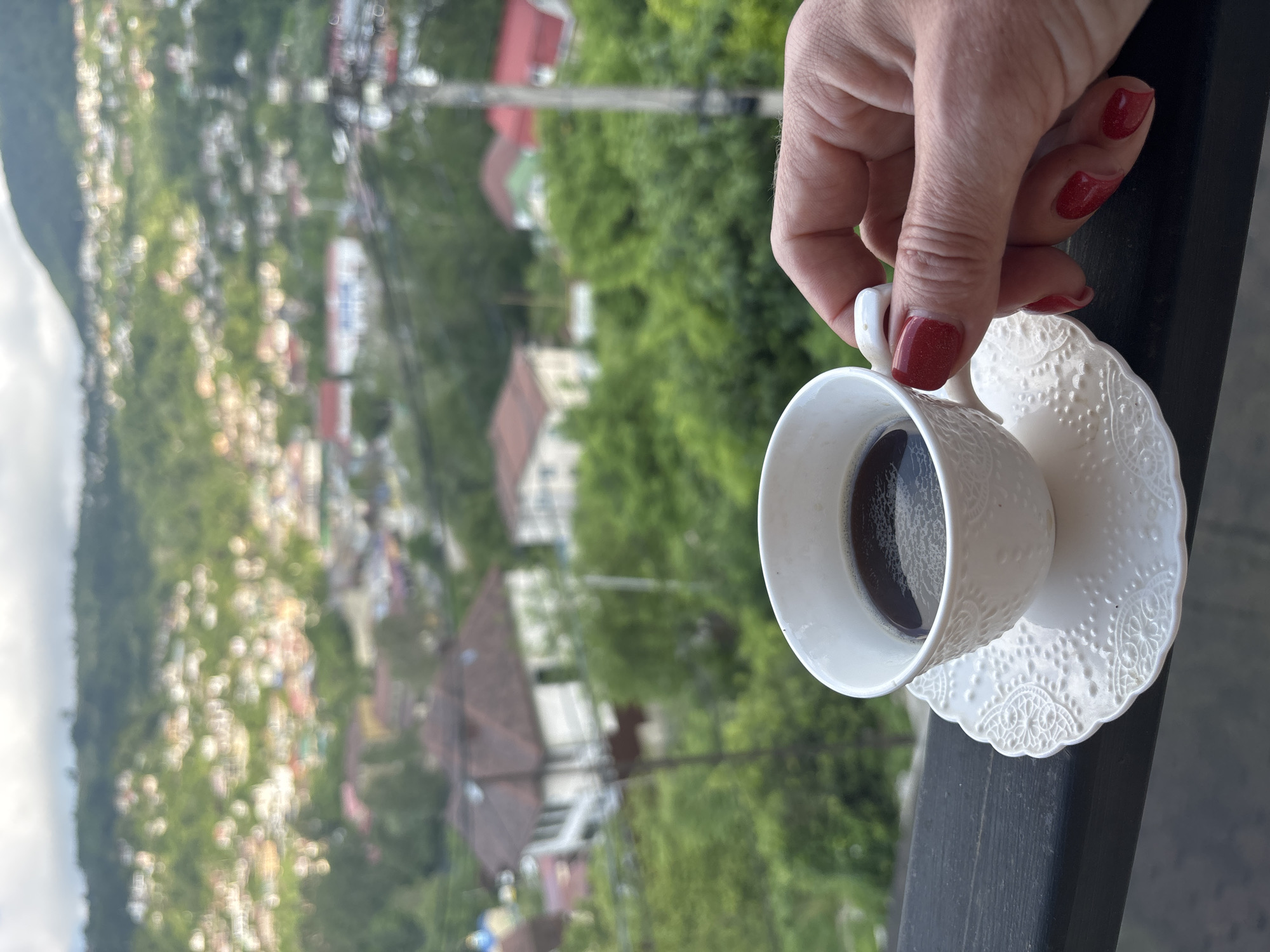 A close-up shot focuses on a white teacup filled with dark coffee, resting on an ornate white saucer. The cup and saucer are placed on a dark railing, likely a balcony or terrace. A woman's hand, with vibrant red nail polish, is holding the teacup's handle.
In the background, a sprawling hillside settlement is visible, characterized by numerous houses with red and brown roofs nestled amongst lush green trees. The settlement appears to be situated on a steep incline, characteristic of the terrain in Sochi, Russia. The overall impression is that of a scenic view from a high vantage point, offering a glimpse into the residential landscape of the city.