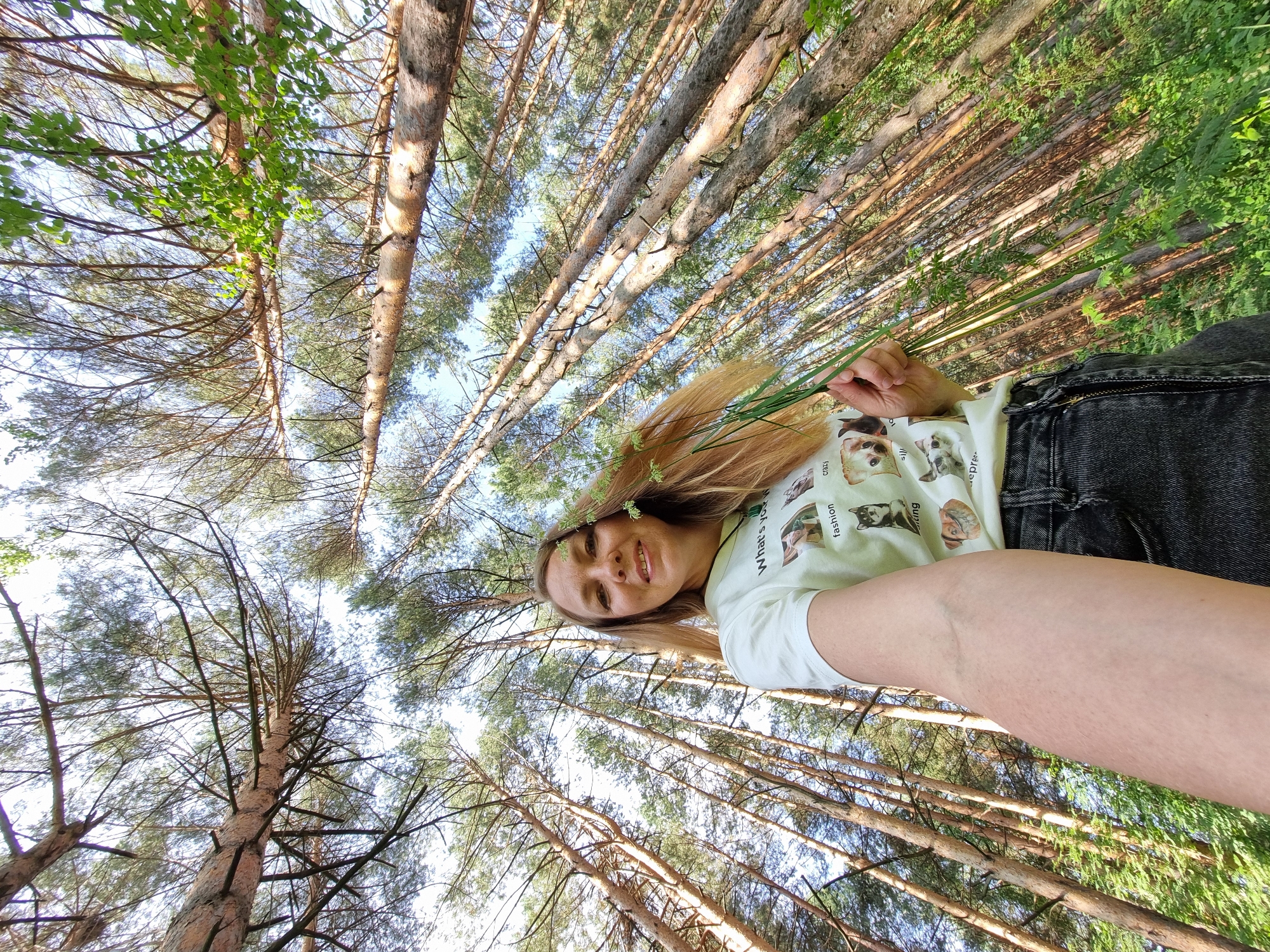 A woman stands in a forest with tall pine trees around her, looking up at the camera. She has long blonde hair and is wearing a white t-shirt with cartoon dogs and cats printed on it, along with black jeans. She is holding a small bunch of grass in her right hand. The image appears to be taken from a low angle, looking up through the trees towards the sky. The location is identified as Chaikovsky, Russia, suggesting this is a natural outdoor setting. The scene is well-lit by natural light, indicating it is daytime. The overall impression is one of a candid snapshot in a serene natural environment.