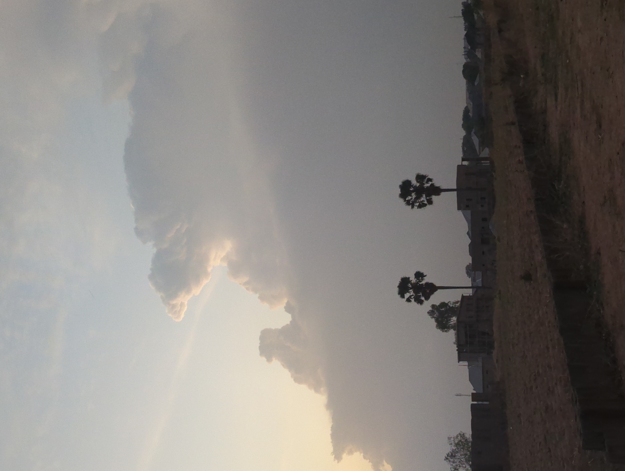 The image depicts a landscape in Narayi, Nigeria, under a cloudy sky. The sky is predominantly gray, with some lighter, brighter clouds at the bottom left. Two palm trees are visible in the middle of the image, standing near what appear to be buildings or structures in the distance. A dirt ground occupies the right side of the image, rising slightly towards the top. No people are visible in the scene.