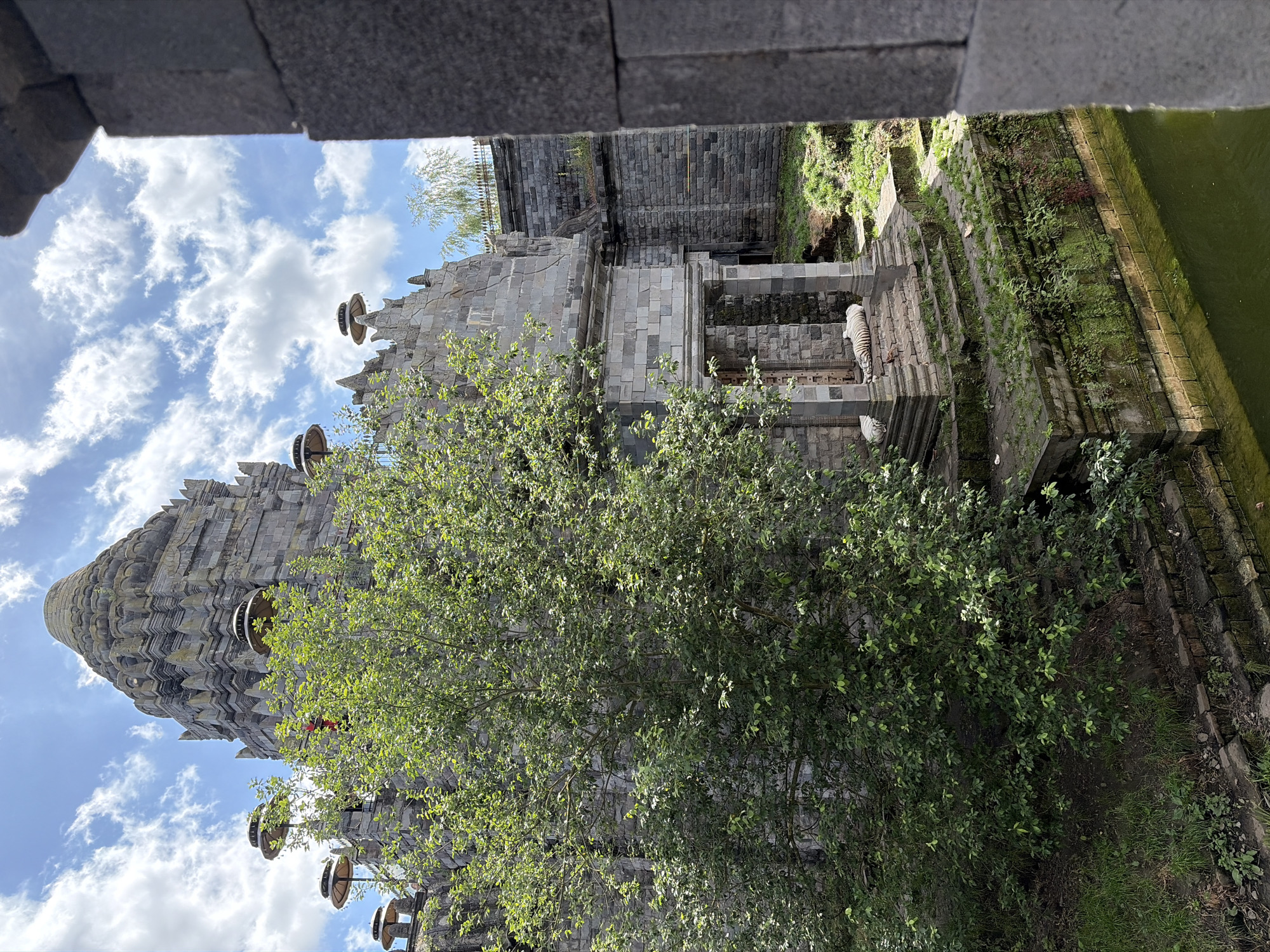 The image shows an outdoor scene at Pairi Daiza zoo in Cambron-Casteau, Belgium. A large, stone temple-like structure with intricate carvings and multiple tiers dominates the center of the frame. A lush green tree with dense foliage partially obscures the left side of the temple. In front of the temple entrance, two white tigers are resting on a stone platform. The temple is surrounded by vegetation, and a body of green water is visible in the foreground, bordered by stone and brickwork. The sky above is blue with scattered white clouds. The overall impression is of a wildlife enclosure designed to resemble an ancient temple setting.