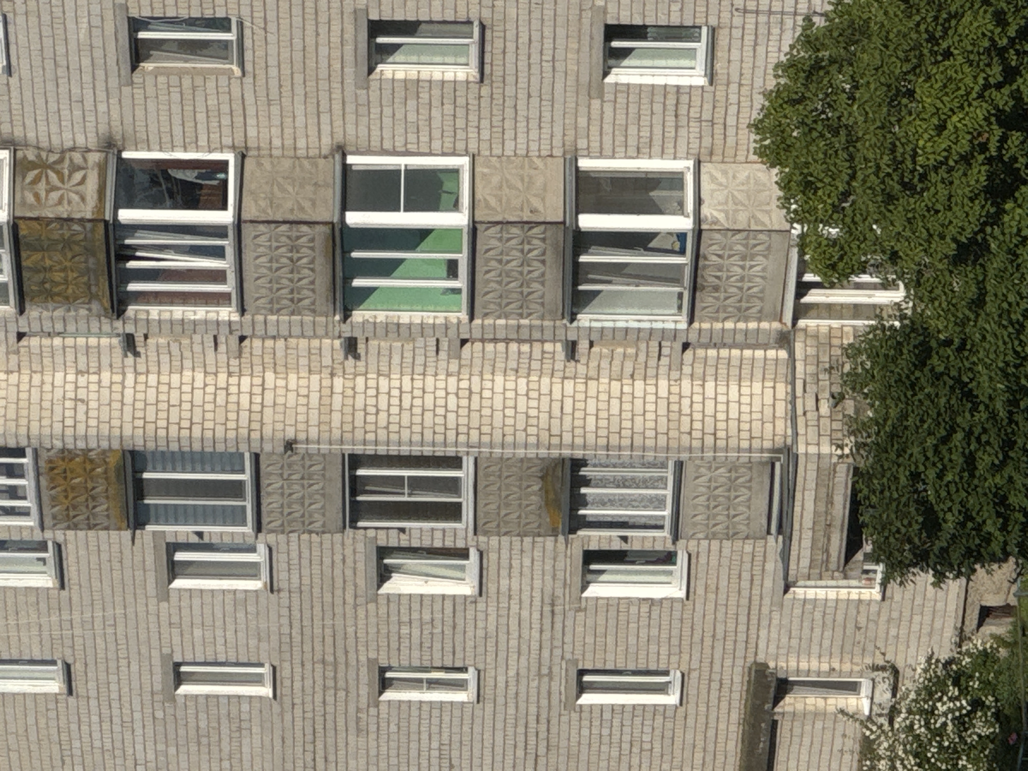 The image displays a section of a multi-story apartment building constructed with light-colored bricks. The building features numerous windows and balconies. The windows are mostly rectangular with white frames, and some have curtains visible. The balconies are integrated into the building's facade, with some appearing to be enclosed with glass. Decorative elements, such as patterned panels, are present on the balconies. The building's exterior shows signs of wear, with some discoloration and staining on the brickwork and decorative panels.
In the foreground, lush green trees and shrubs are visible, suggesting an outdoor setting. The foliage is dense and appears to be in good health, indicating a potentially warm season. A small, dark opening, possibly a window or door, is visible at the base of the building among the greenery.
The overall scene suggests a residential area within a city or town. The architectural style and brick construction are common in many Eastern European countries. Based on the provided location, this apartment building is situated in the village of Yarominski, within the Yarominski rural council, Belarus. The image captures a segment of urban or suburban life, focusing on the building's exterior and its surrounding vegetation. There are no people or discernible actions in the image.