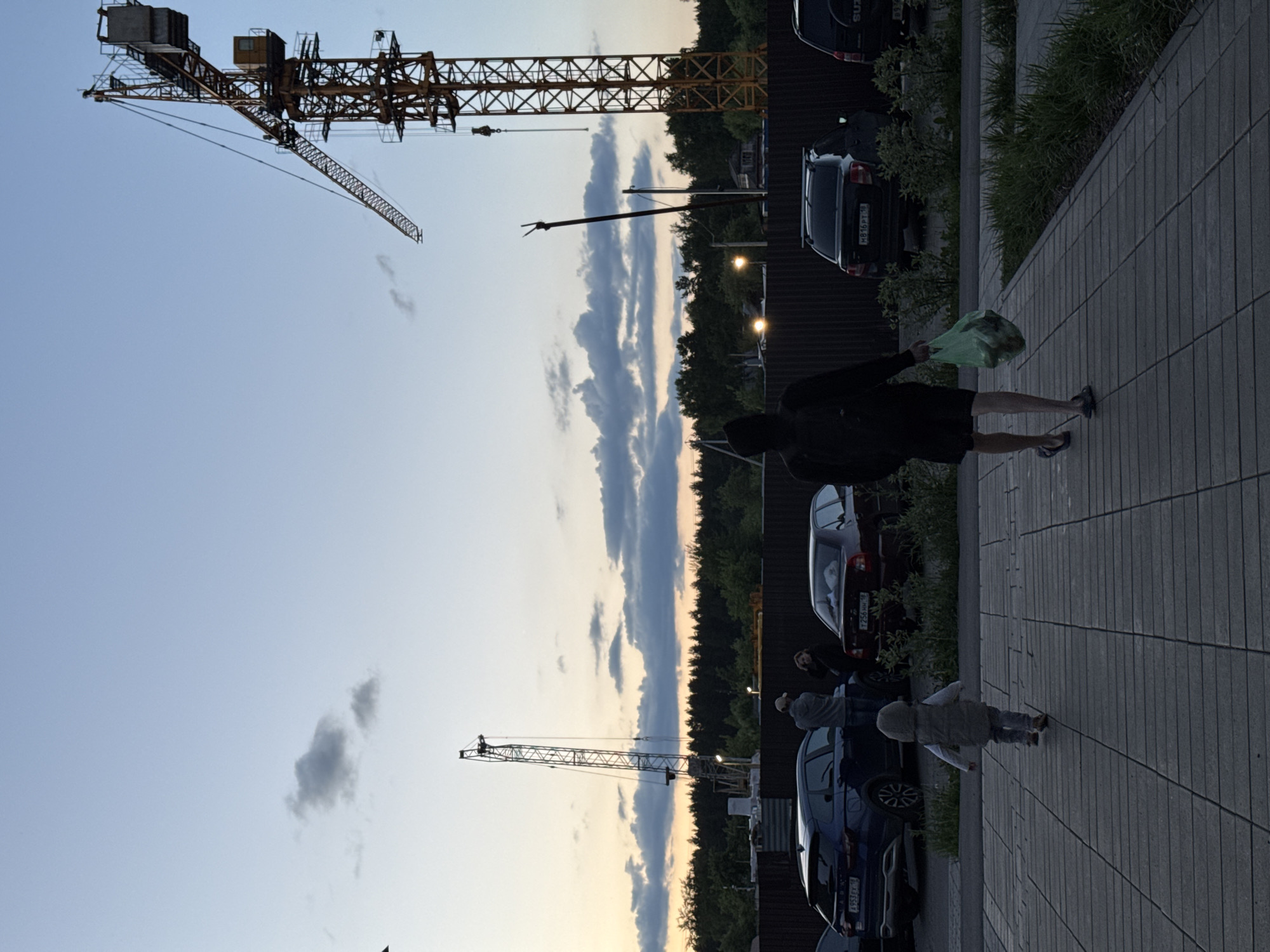 The image, rotated 90 degrees clockwise from its natural orientation, depicts an outdoor scene during dusk or early evening in Izhevsk, Russia. The sky, a prominent feature, transitions from a soft blue overhead to warmer, lighter tones near the horizon, with elongated, scattered clouds stretching across it.
Two large construction cranes are visible against the sky. The larger, more dominant crane on the left side of the frame is yellow-brown and appears robust, with its long boom extending across the sky. A second, smaller crane is visible further back and to the right.
At ground level, a paved sidewalk or walkway runs parallel to a street where several dark cars are parked. A person in dark clothing, possibly a hoodie and shorts, walks away from the viewer, carrying a green plastic bag. Ahead of this individual, a small child, likely a toddler, walks independently on the pavement. Another person, wearing a light-colored top, is partially visible near one of the parked cars.
The parked vehicles include a dark SUV with "SUZ" (Suzuki) partially visible on its rear, and dark sedans. License plates such as "M816 PT 18," "T256 HH 18," and "A933 EY 18" are visible, with the "18" regional code confirming the location in the Udmurt Republic. Two streetlights are illuminated, casting a warm glow and highlighting the twilight setting. Behind the parked cars and separating them from the distant horizon, a dark fence or wall runs along a dense line of trees, suggesting the edge of a wooded area. The scene conveys a calm, everyday moment as evening descends on what appears to be a developing urban or suburban area.