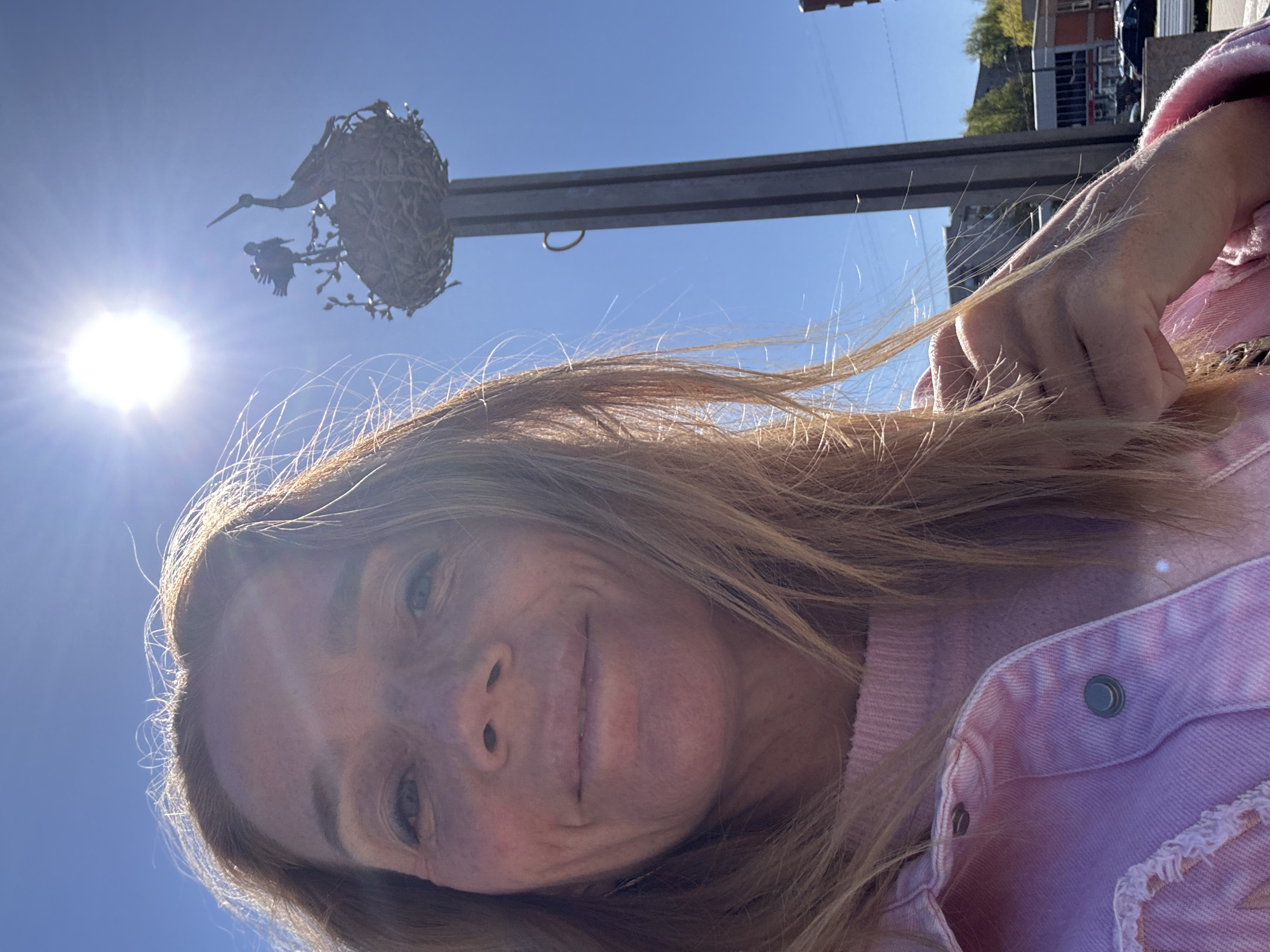 A selfie taken in Vsevolozhsk, Russia shows a woman wearing a pink sweater and jacket. A metal sculpture of a bird and nest is visible in the background. The sun is shining brightly in a clear blue sky. Buildings are also visible in the distance.