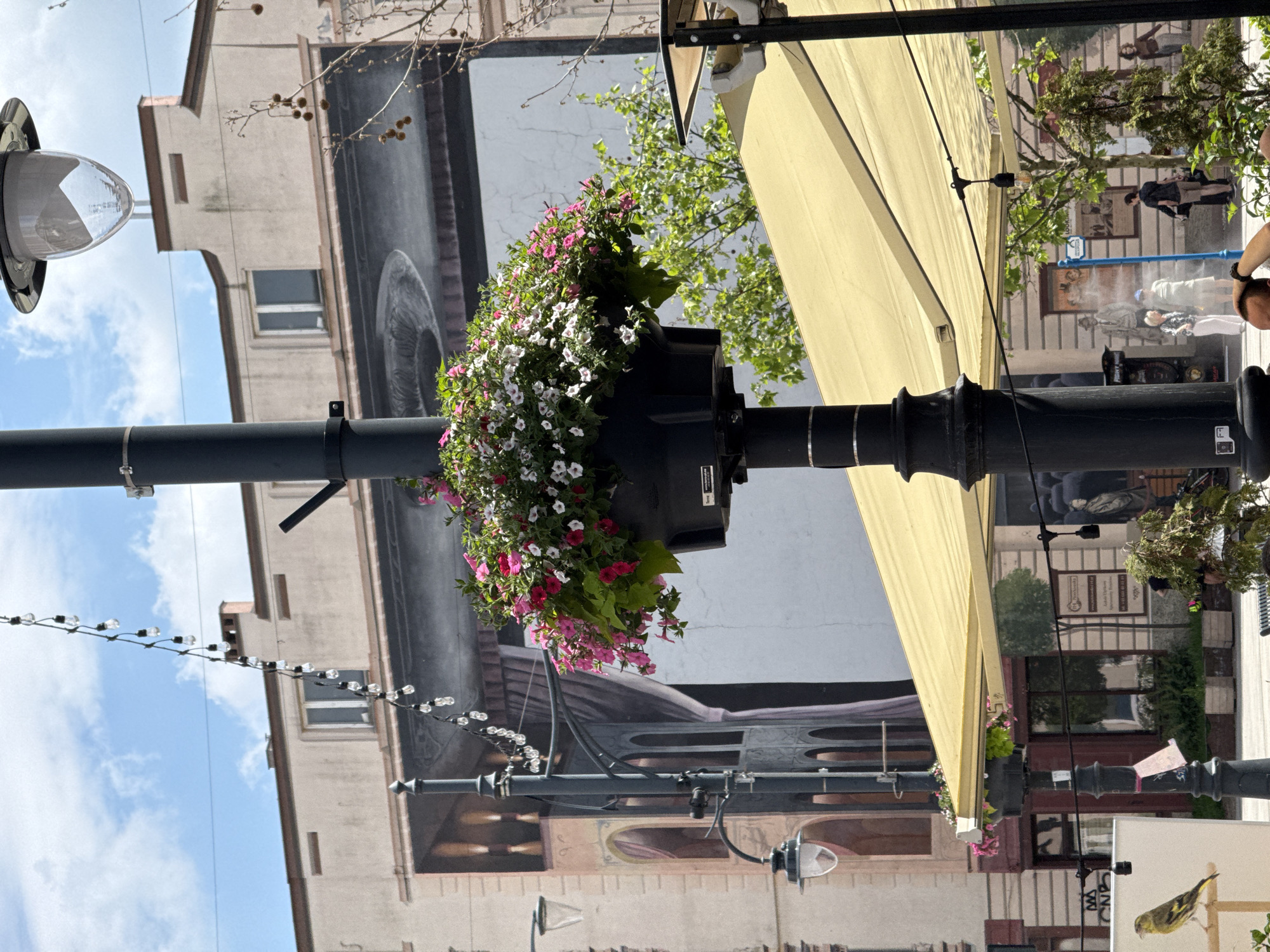 The image depicts an outdoor scene, likely a pedestrian area or street, with a focus on a lamppost adorned with a hanging basket of flowers. The lamppost is a prominent dark, ornate structure. Above the flowers, a string of small, clear light bulbs is visible, strung along a wire. In the background, a building features a large mural depicting an architectural scene with curtains and arches, painted in muted tones. To the right of the lamppost, a yellow awning extends across the frame, providing shade. The environment appears to be urban, with glimpses of other buildings, trees, and people in the distance. A small bird is perched on a wooden support in the lower left of the image. The overall impression is a lively, possibly European, city setting on a bright day. The building with the mural is located on Piotrkowska Street in Łódź, Poland.