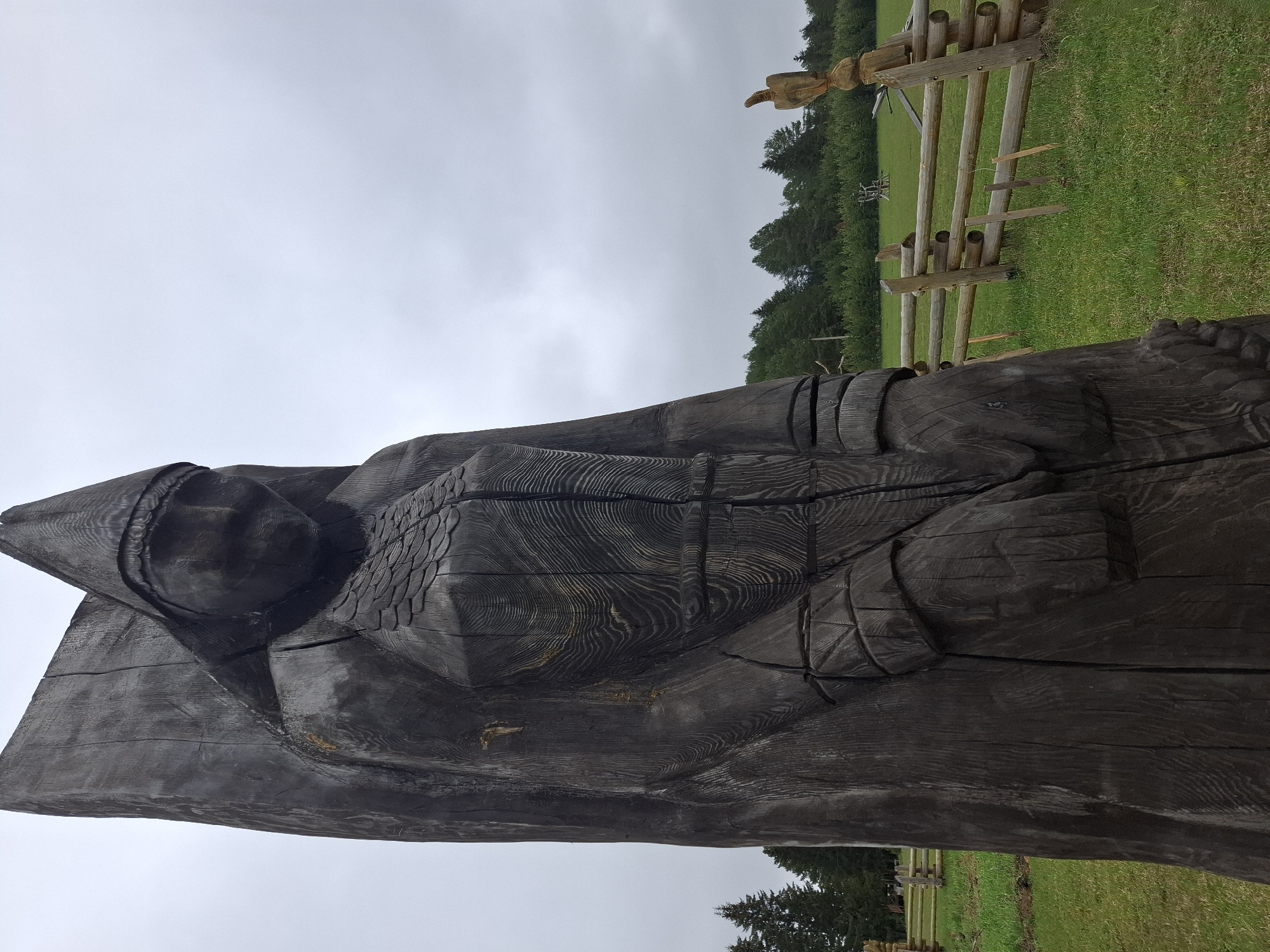 The image features a dark, carved wooden statue of a figure wearing a hooded garment and possibly some kind of armor. The statue is located in a grassy area, with a wooden fence behind it and some trees visible in the background. The sky is overcast. There is no indication in the image that it is in Adam, Russia.