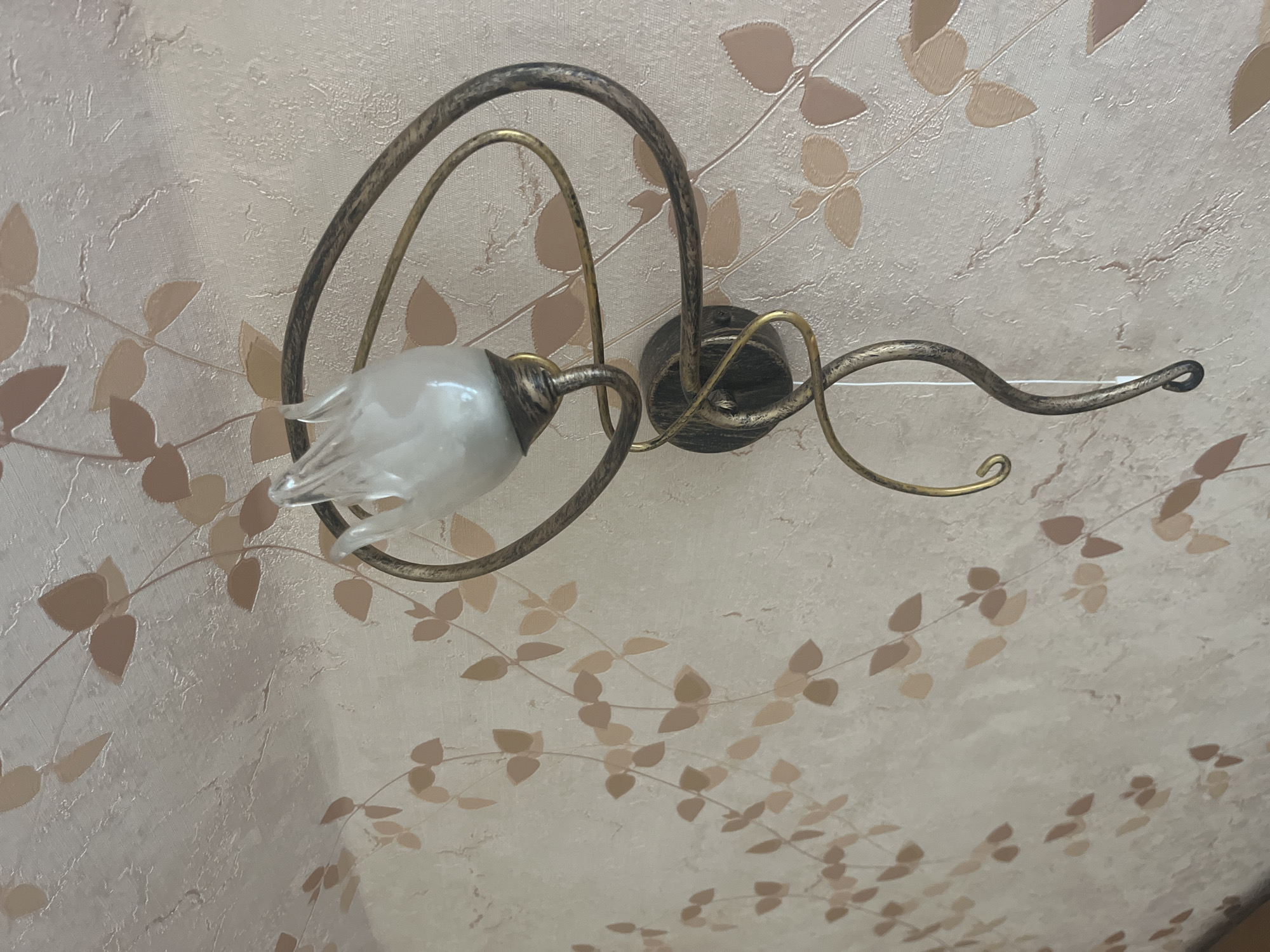 A wall-mounted lamp with a frosted glass shade, designed to resemble a flower bud, is attached to a textured wallpaper. The wallpaper features a subtle pattern of light brown and beige leaves and vines. The lamp's metal frame is an intricate design of intertwined, swirling branches, with a dark bronze and gold finish. A thin white electrical cord hangs from the bottom of the lamp. The image appears to be taken indoors, in a residential setting. The specific location in the city of Vladimirovka, Russia, is not determinable from the visual information provided.