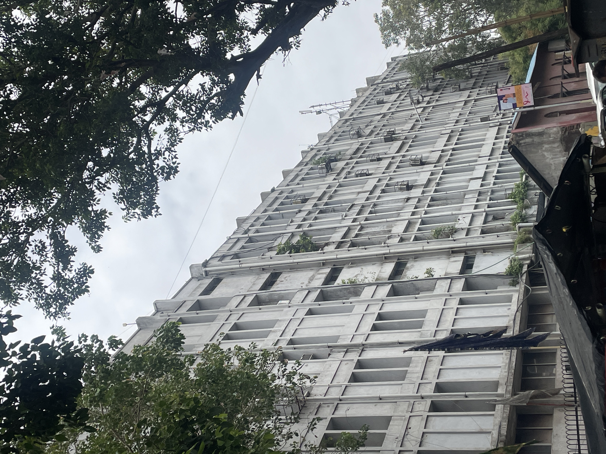 A low-angle, full shot captures a long, concrete multi-story building from the exterior, framed by lush green trees in the foreground and on the right side. The building features a repetitive facade of numerous rectangular windows, many with visible air conditioning units installed outside. Vertical conduits and pipes run along the building's surface, and some vegetation can be seen growing on its sides. A black flag hangs from a pole on the left side of the building. In the lower part of the image, parts of a makeshift black tarp-covered structure and a fence are visible. A street light pole stands in front of the building, with a poster attached to it displaying two women and a pink ribbon. The sky is overcast. The image is dated with a timestamp and the location of Ahmedabad, India.