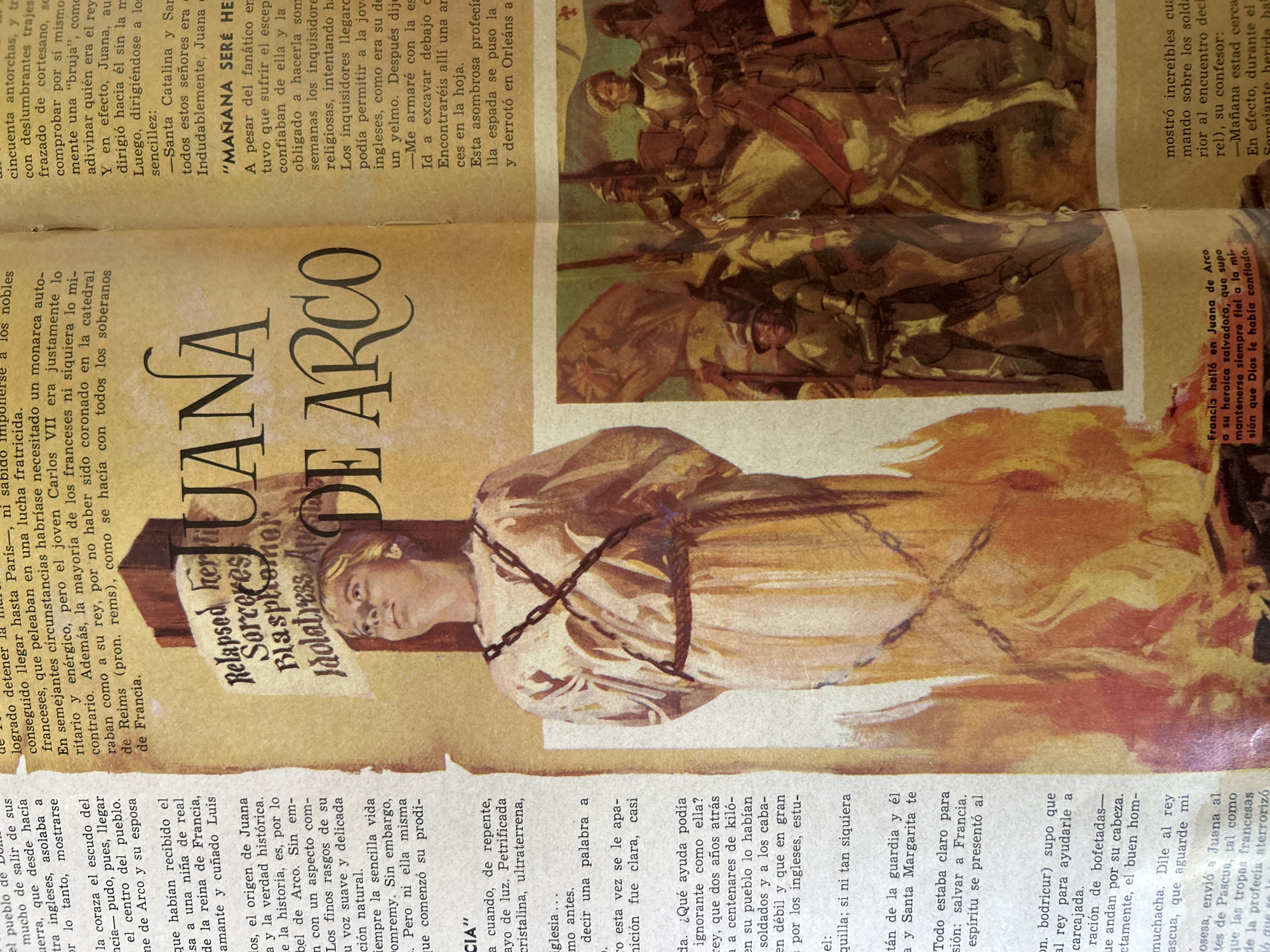 The image shows two illustrations from what appears to be a historical magazine or book. The left illustration depicts a young woman in a light-colored robe, her head tilted upward, with chains around her chest. Above her, a banner reads "Relapsed her Sorceress Blasphemous Idolstress." The title "JUANA DE ARCO" is prominently displayed next to her. The right illustration shows a group of men in armor on horseback, engaged in what appears to be a battle or a procession, with flags and banners visible. The overall aesthetic suggests a historical or biographical depiction of Joan of Arc. The text below the right illustration, "Francia halló en Juana de Arco a su heroica salvadora, que supo mantenerse siempre fiel a la misión que Dios le había confiado," further identifies the subject matter. There is no indication of the city of Tacarigua, Venezuela, in the image or its accompanying text.