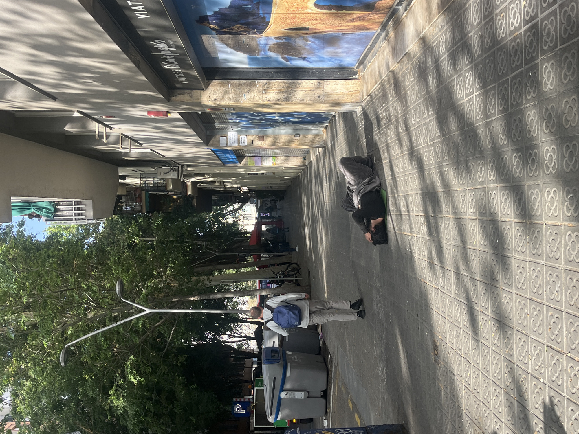 The image depicts an urban street scene on a sunny day, likely in Barcelona, given the distinctive patterned sidewalk tiles (Panot de Flor). The perspective is down a pedestrian sidewalk lined with buildings on the right and trees and a street on the left.
On the right side of the sidewalk, a person is resting or lying down on the ground, wearing dark pants and a grey top, with their head resting on a black object. Further down the street on the left, another person is visible from behind, standing or walking, wearing light clothing and a blue backpack, near a set of grey recycling or trash bins. In the background on the left, more people and parts of vehicles are faintly visible.
The sidewalk features the iconic four-petaled flower pattern, indicating the location. The buildings on the right have storefronts, some with large windows displaying images, possibly landscapes or travel-related scenes. Above one storefront, partial text reads "VIATGES" (Catalan for 'travels' or 'travel agency'), further confirming the location's context. Below that, "WATCHES" and parts of "Corte Inglés" (a Spanish department store) are also discernible on a sign.
Sunlight casts strong, dappled shadows across the sidewalk and building facades, suggesting it is midday or early afternoon. A metal street light pole with two lamps extends into the frame from the left, positioned among leafy green trees that line the street. A blue sign with a white "P" (likely indicating parking) is visible near the bins on the left.