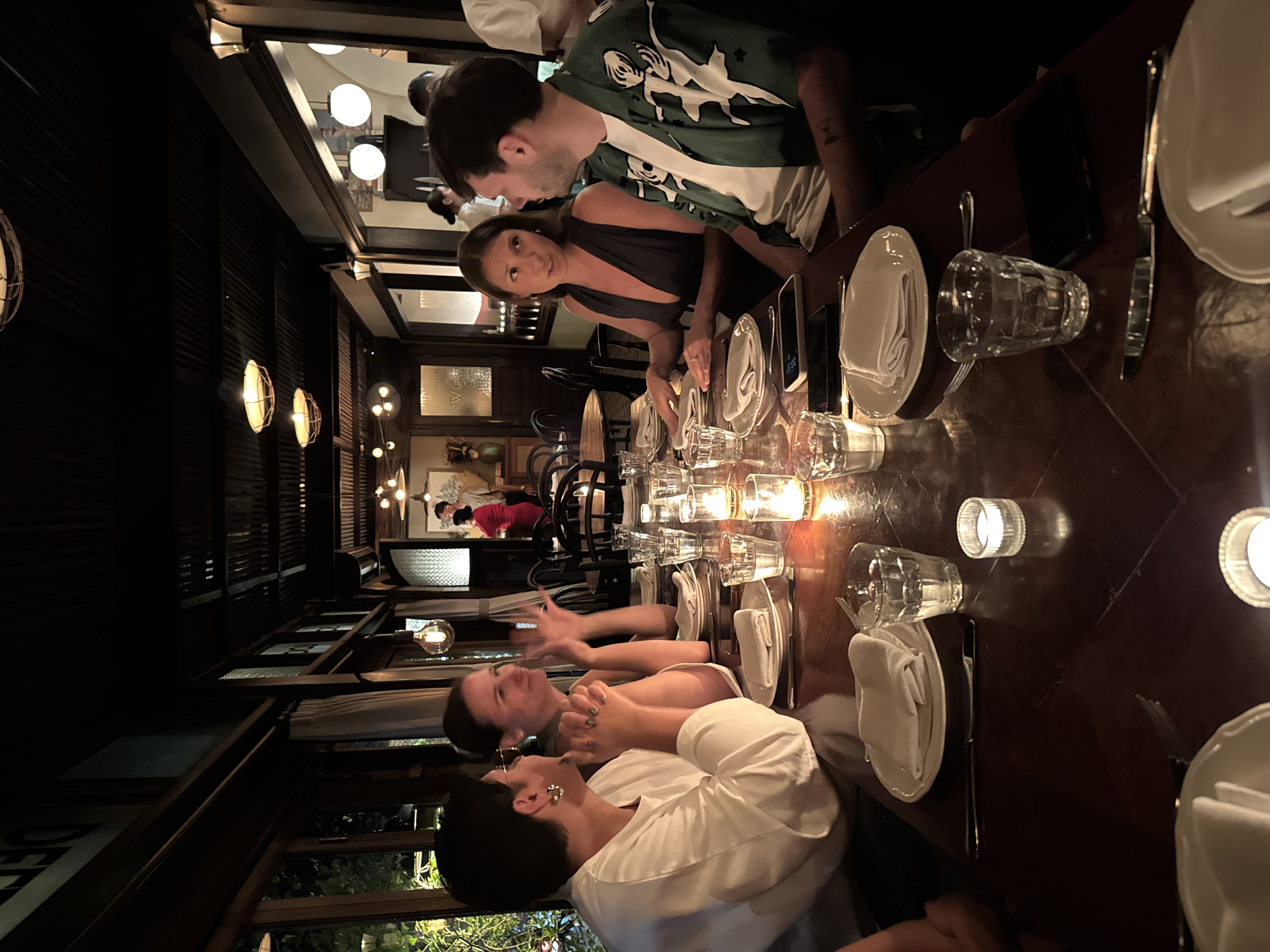 A horizontal, low-angle, medium shot shows a dinner table set for several people at a restaurant in Mengwi, Indonesia. The table is set with plates, silverware, drinking glasses, and candles. Several people are seated at the table, including a woman in a grey dress and a man in a green and white shirt. One man is gesturing with his hands while he talks to another man in a white shirt. Some of the restaurant lights can be seen.