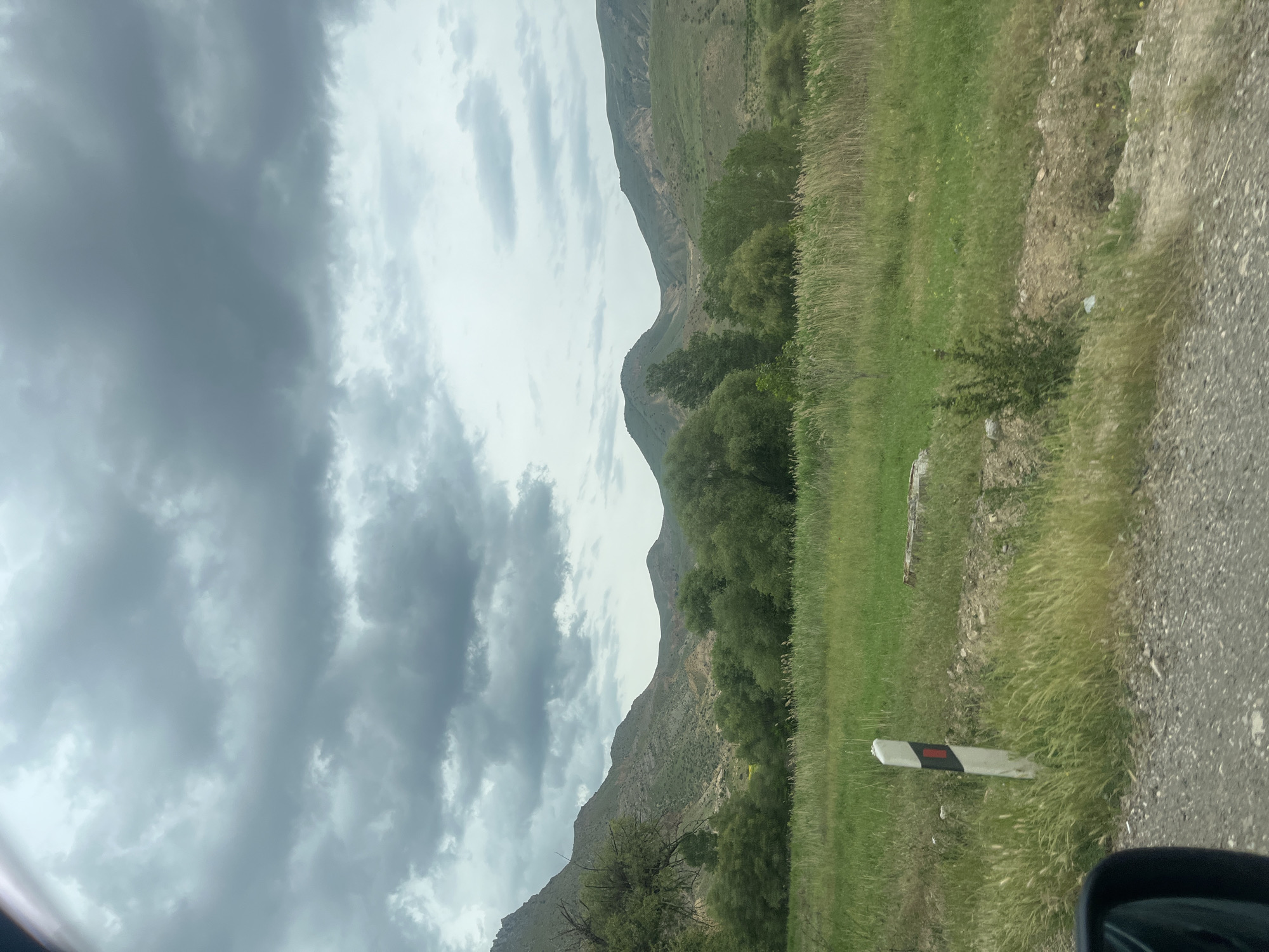 This image captures a scenic view from a moving vehicle, showcasing a mountainous landscape under an overcast sky in Chiva, Armenia.
The upper portion of the frame is dominated by a cloudy sky. Darker, grey clouds mingle with brighter, lighter patches, suggesting a day with variable light, possibly before or after rain.
In the mid-ground, a series of mountains rise prominently. Their slopes are covered with a mix of green vegetation and rocky, earthy tones, indicating a rugged terrain. Lush green trees are visible at the base and sides of the mountains, adding depth and contrast to the landscape.
The lower part of the image features a roadside environment. A strip of green grass and tall, wild-looking vegetation lines what appears to be a gravel or dirt road on the right side. A small white and black/red striped road marker is partially visible in the grass, indicating the edge of the roadway or a distance point. A part of a car's dashboard or mirror is visible in the very bottom right corner, confirming the perspective from inside a vehicle.
The overall impression is one of a journey through a rural, natural environment, characterized by dramatic mountain scenery and a cloudy, atmospheric sky. There is no visible text.