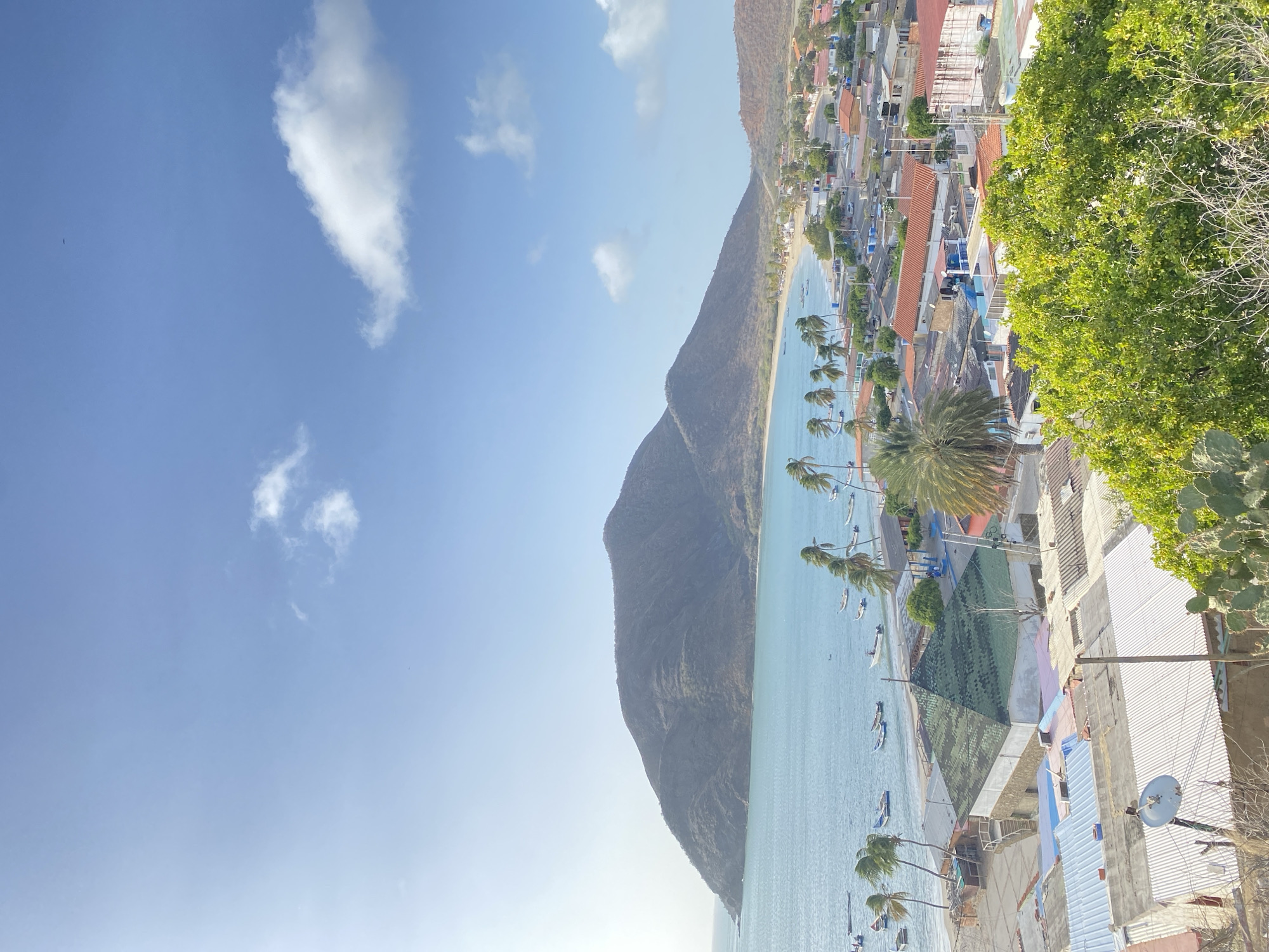 This image shows an elevated view of Juan Griego, Venezuela. A bay is visible, bordered by a beach lined with palm trees. Boats are visible in the water. Mountains frame the bay in the background. Buildings with red and blue roofs are seen to the right, along with green foliage. A satellite dish is visible in the lower right corner. The sky is blue with scattered clouds.