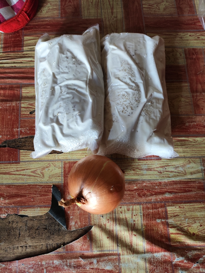 This indoor photograph captures a still-life arrangement of food items on a patterned surface, likely in Selagai Lingga, Indonesia.
The primary subjects are two opaque, rectangular plastic bags, positioned side-by-side in the upper half of the frame. Each bag appears to be filled with a white, granular substance, possibly rice or flour. The plastic material of the bags is slightly crinkled, showing the contours of the contents.
In front of the bags, slightly off-center towards the bottom-left, rests a single yellow onion with its root end visible. Its smooth, papery skin contrasts with the texture of the bags.
The items are placed on a surface covered with what appears to be a linoleum or plastic tablecloth. This surface features a repeating, geometric pattern resembling brickwork or tiles, rendered in shades of brown, reddish-brown, and yellowish-cream. The pattern shows signs of wear and tear, and some creases are visible, indicating the material's texture.
In the top-left corner, a small portion of a red and white checkered object, possibly a piece of fabric or a small container lid, can be seen. Towards the bottom-left, a dark, irregularly shaped object with a rough, torn edge is present, possibly a piece of wood or a makeshift cutting board.
No activity is taking place; the image depicts a static display of groceries or cooking ingredients. The lighting suggests it is daytime. There is no visible text on any of the objects. The scene conveys an everyday domestic setting.