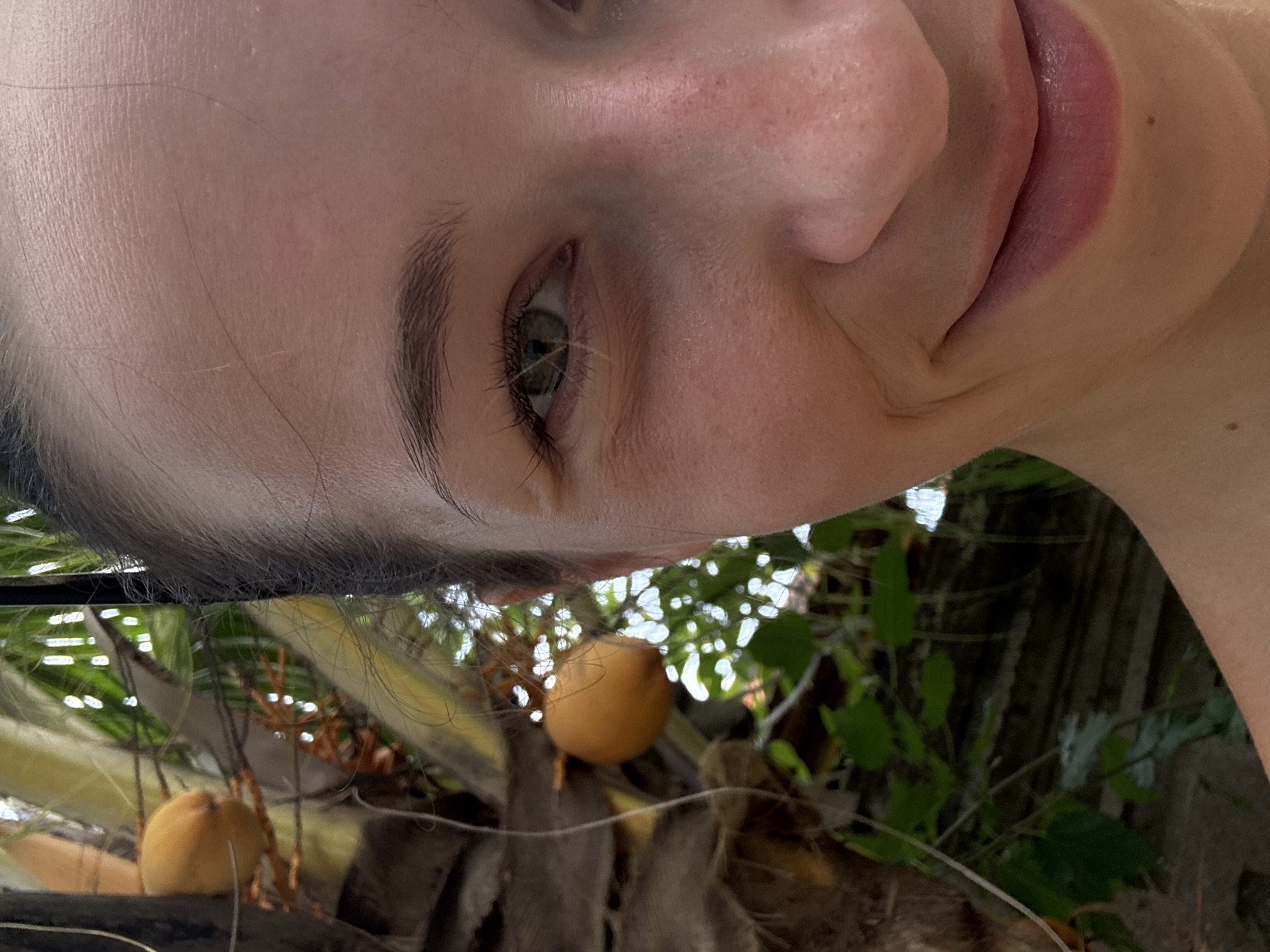 A close-up, rotated image shows a person's face in the upper portion of the frame. The person has fair skin, dark hair, and green eyes. Below the face, the scene transitions to a tropical environment. A cluster of young coconuts, still enclosed in their outer husks, are visible against a backdrop of lush green foliage and palm fronds. The location is likely North Kuta, Indonesia, based on the coconut palms and tropical vegetation.