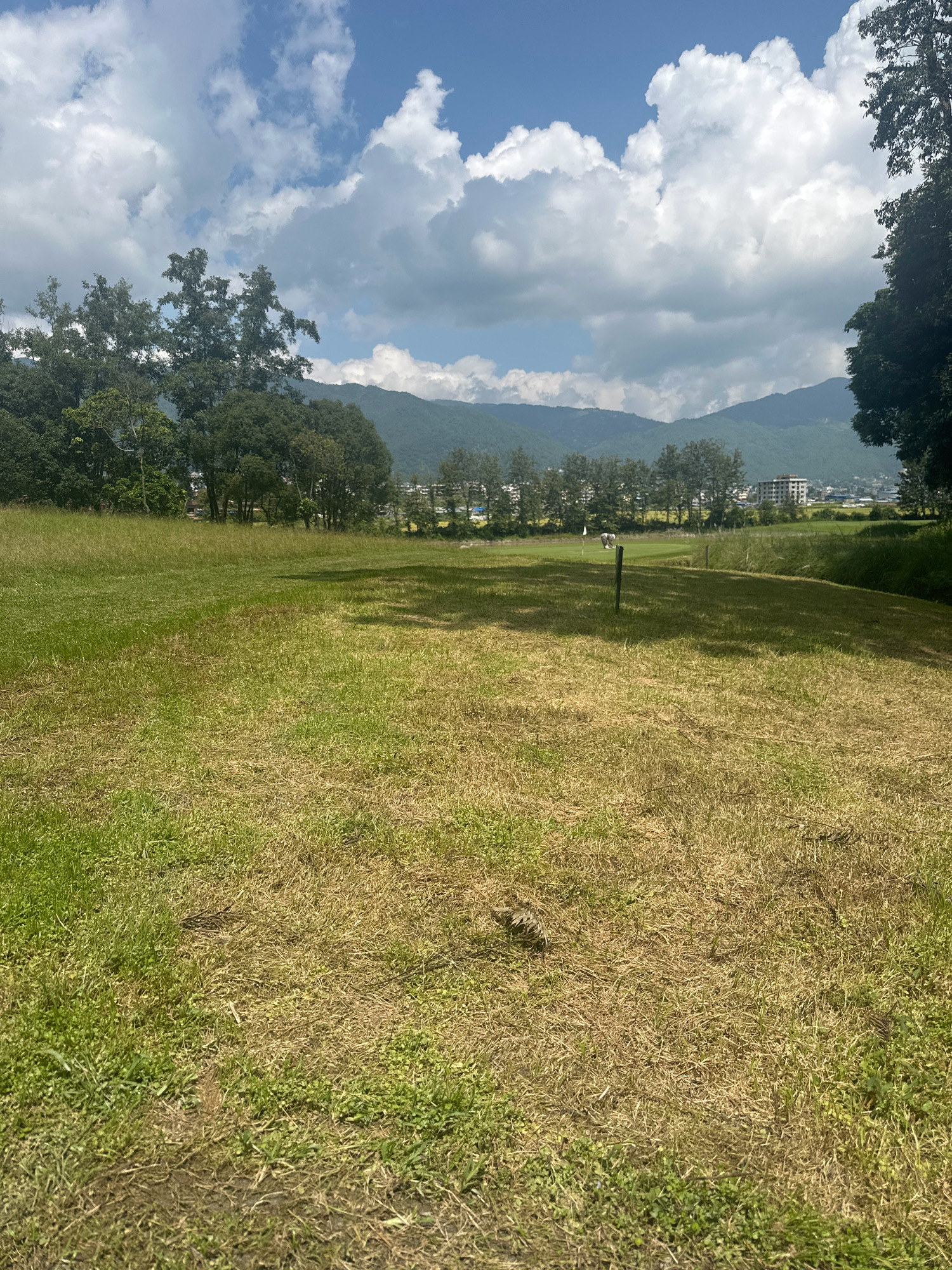 An open, sunlit golf course is depicted under a partly cloudy blue sky. The foreground features dry, brown grass interspersed with patches of green. A wooden post stands in the mid-ground, casting a shadow. Beyond this, a manicured green with a flag and a person on a golf cart is visible. In the distance, a line of trees separates the golf course from a town with buildings, including a multi-story structure, nestled at the base of a range of green mountains. The overall scene is a natural landscape with human recreational elements.