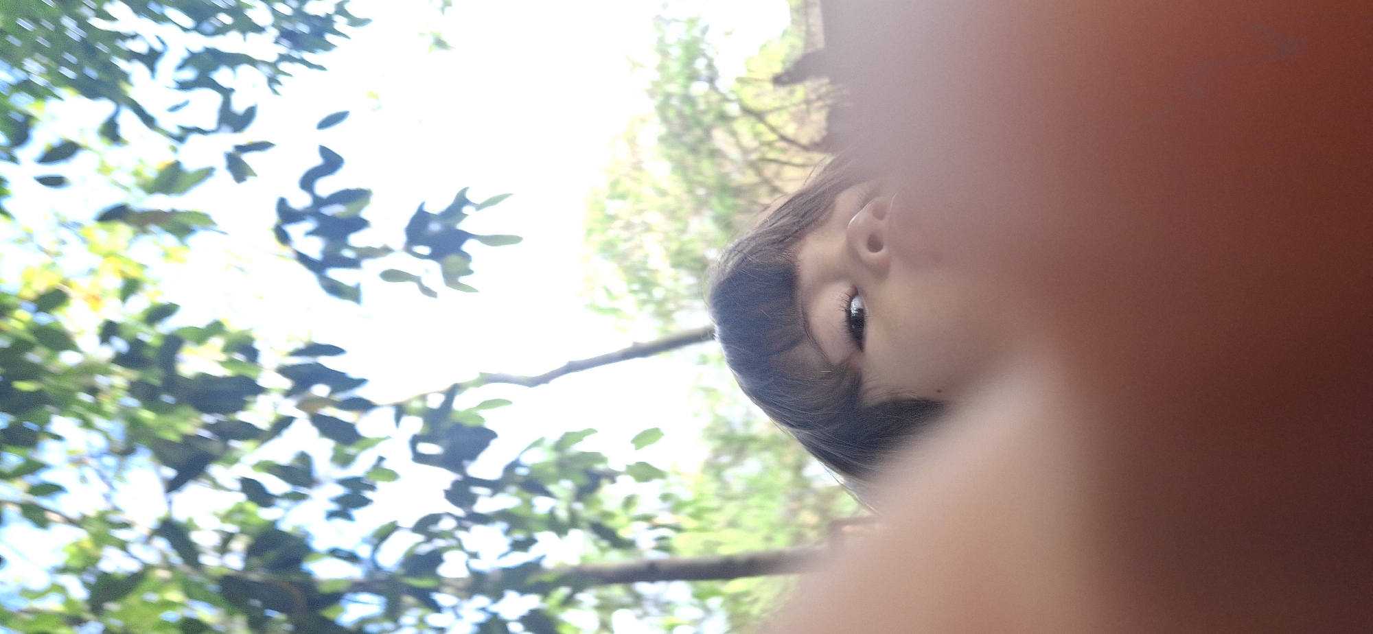 The image captures a candid, upward-angled shot in an outdoor natural setting, likely Vallecito, Venezuela. The primary subject is a young person, possibly a child, whose face is partially visible on the right side of the frame. Only their left eye, a portion of their nose, and their ear are clearly discernible, framed by dark hair. The eye is open wide and looks directly towards the camera, conveying a sense of curiosity or direct engagement.
A large, blurry, reddish-orange mass dominates the immediate foreground on the right, heavily obscuring much of the scene. This appears to be a finger or thumb positioned very close to the camera lens, suggesting the photo might have been taken by the child themselves or in a playful, spontaneous moment.
The background reveals a vibrant, sunlit canopy of trees. Lush green foliage and dark tree branches are silhouetted against a very bright, almost blown-out sky, indicating it is daytime with strong sunlight. The leaves show varying shades of green and some yellow, with dappled light filtering through them. The overall perspective is looking upwards into the trees. No visible text is present in the image.