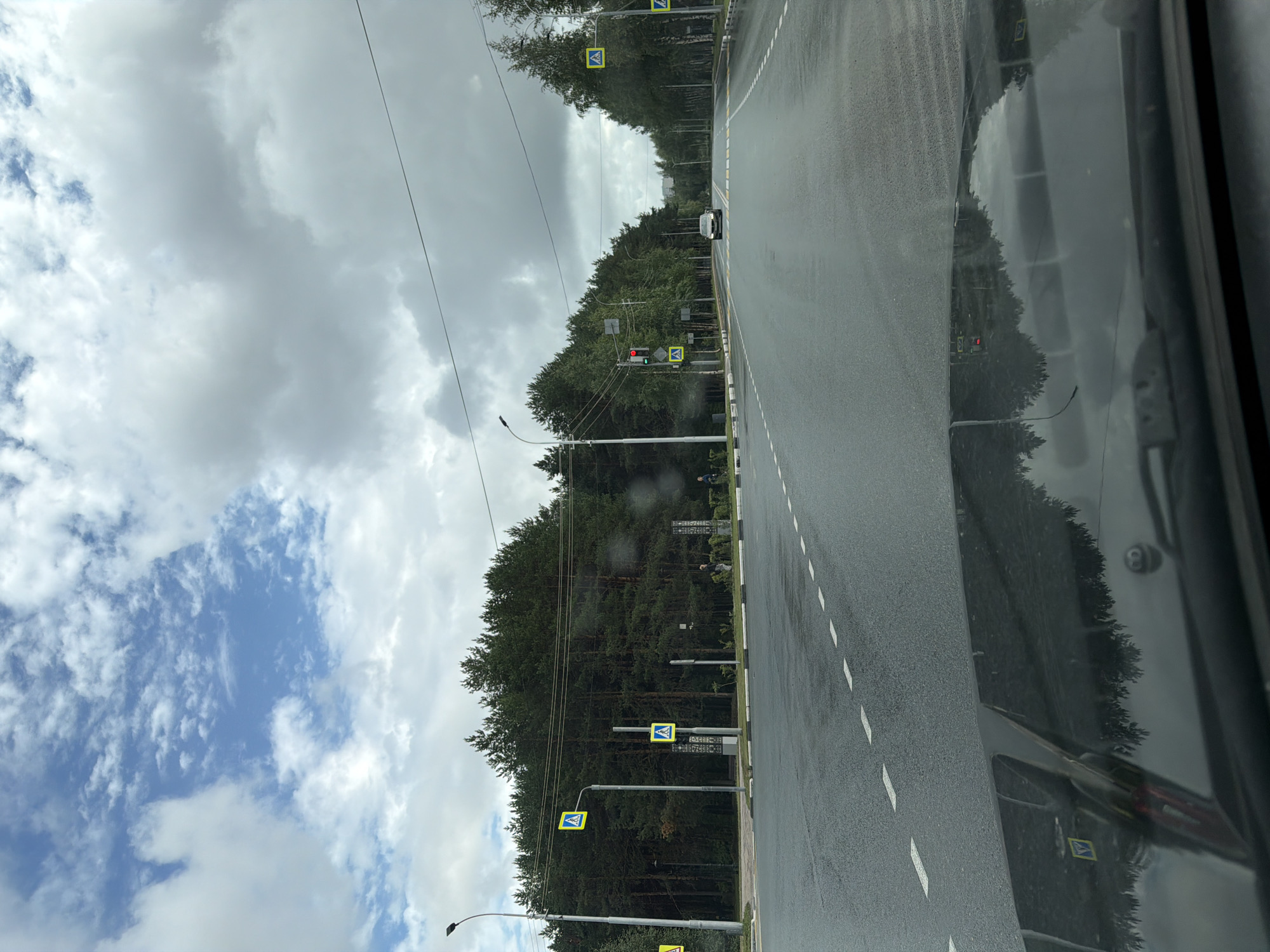 The image depicts a wet asphalt road in Surgut, Russia, with a reflection of the sky, trees, and the car's hood visible on the windshield. A line of coniferous trees borders the road on the left. Several pedestrian crossing signs are posted along the roadside. A traffic light shows red, and a car is approaching in the distance. The sky is partly cloudy.