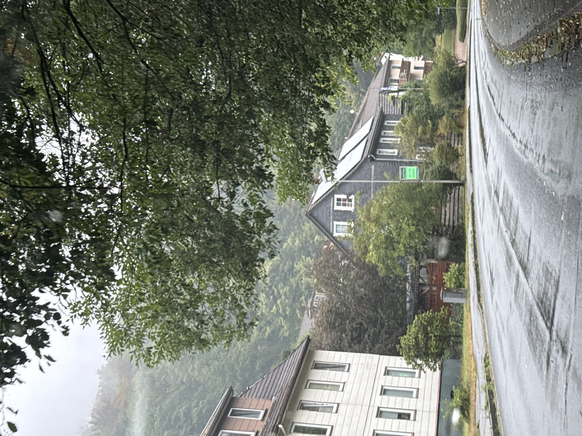 The image depicts a view down a wet, curved asphalt road in Walkenried, Germany. Trees overhang the road, their leaves casting shadows. On the left, a multi-story building with cream-colored siding and brown trim features several windows. Further down the road, a dark gray, two-story house with a tiled roof is visible, equipped with solar panels. Another building with light-colored balconies is situated to the right. The background is dominated by a heavily wooded hillside shrouded in mist. The scene appears to be captured on a cloudy or rainy day, as indicated by the wet road and the atmospheric conditions.