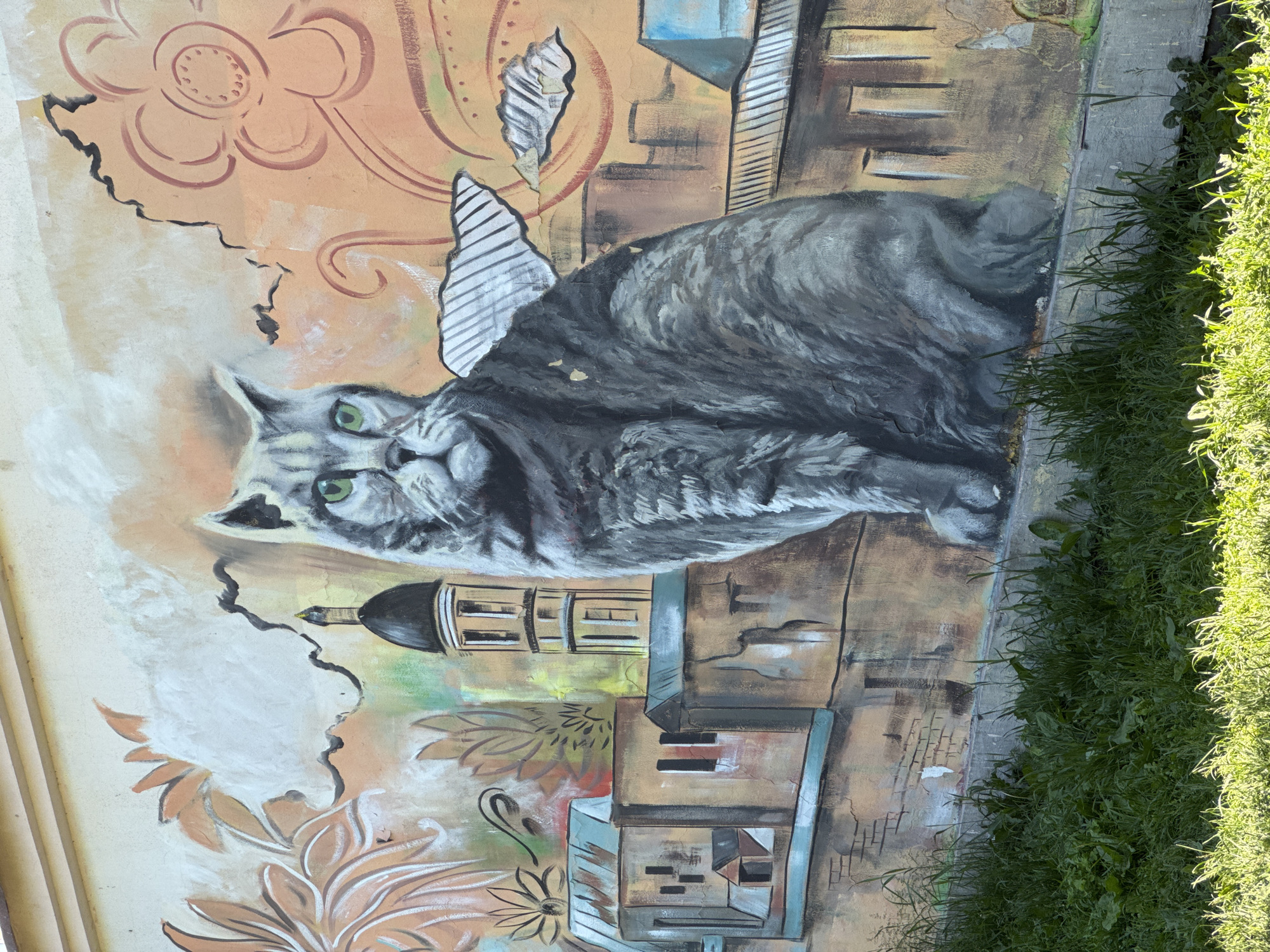 This media file captures an outdoor mural, likely painted on a wall or fence, depicting a large, grey, striped cat with prominent green eyes. The cat is the central subject, portrayed in a somewhat regal or watchful pose, looking directly forward. It has stylized white and black striped wing-like patterns emerging from its back.
The background of the mural features a stylized cityscape with buildings and a notable domed structure, possibly a church or cathedral, reminiscent of architecture found in Saint Petersburg. This urban landscape is rendered in muted tones of brown, beige, and blue. Interspersed with the cityscape and behind the cat are elaborate, flowing floral and foliate patterns in light brown and white against an orange-brown backdrop, giving the entire artwork a decorative and somewhat whimsical feel.
The mural itself shows signs of wear, with some cracks and fading visible on its surface. Along the bottom and right edges of the image, bright green grass is visible, indicating that the mural is located close to ground level outdoors. The bright sunlight illuminating the grass suggests the photograph was taken on a clear, sunny day. No visible text is present in the image.