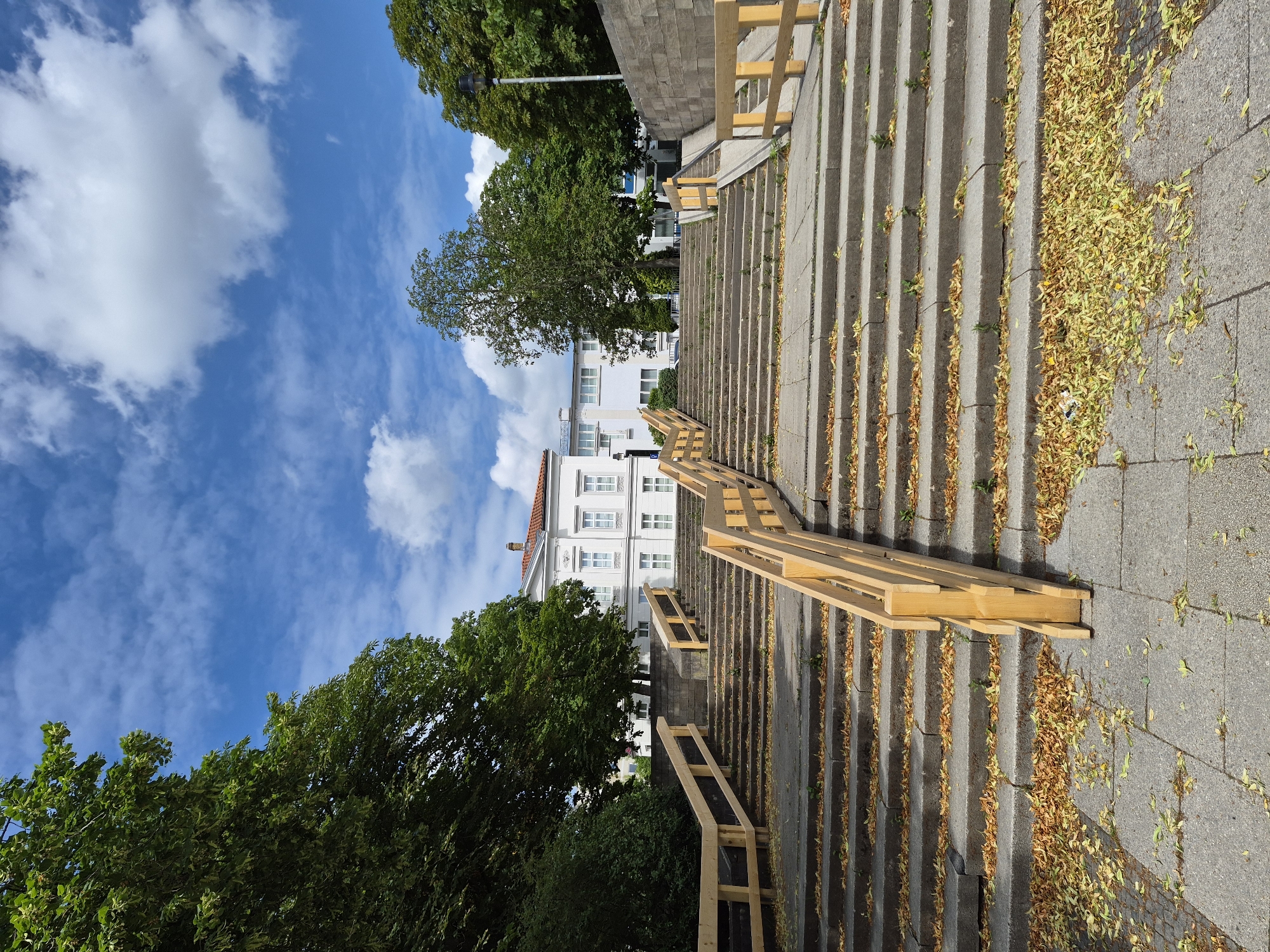 The image depicts a wide, outdoor stone staircase leading up to a white, two-story building with a red-tiled roof. The staircase is partially covered with fallen leaves, primarily yellow and brown, suggesting it might be autumn or early spring. Wooden railings, appearing to be temporary or newly installed, line the sides of the stairs and a ramp on the right. A person, dressed in dark clothing, is standing halfway up the stairs, looking towards the building. Large, mature green trees surround the staircase and the building, and the sky above is a bright blue with scattered white clouds. The scene is likely set in an urban environment, possibly a park or public space within the city of Brunswick, Germany, given the architectural style and landscaping. The overall impression is one of a transition or renovation, with the new railings and fallen leaves indicating a change in season or ongoing work.