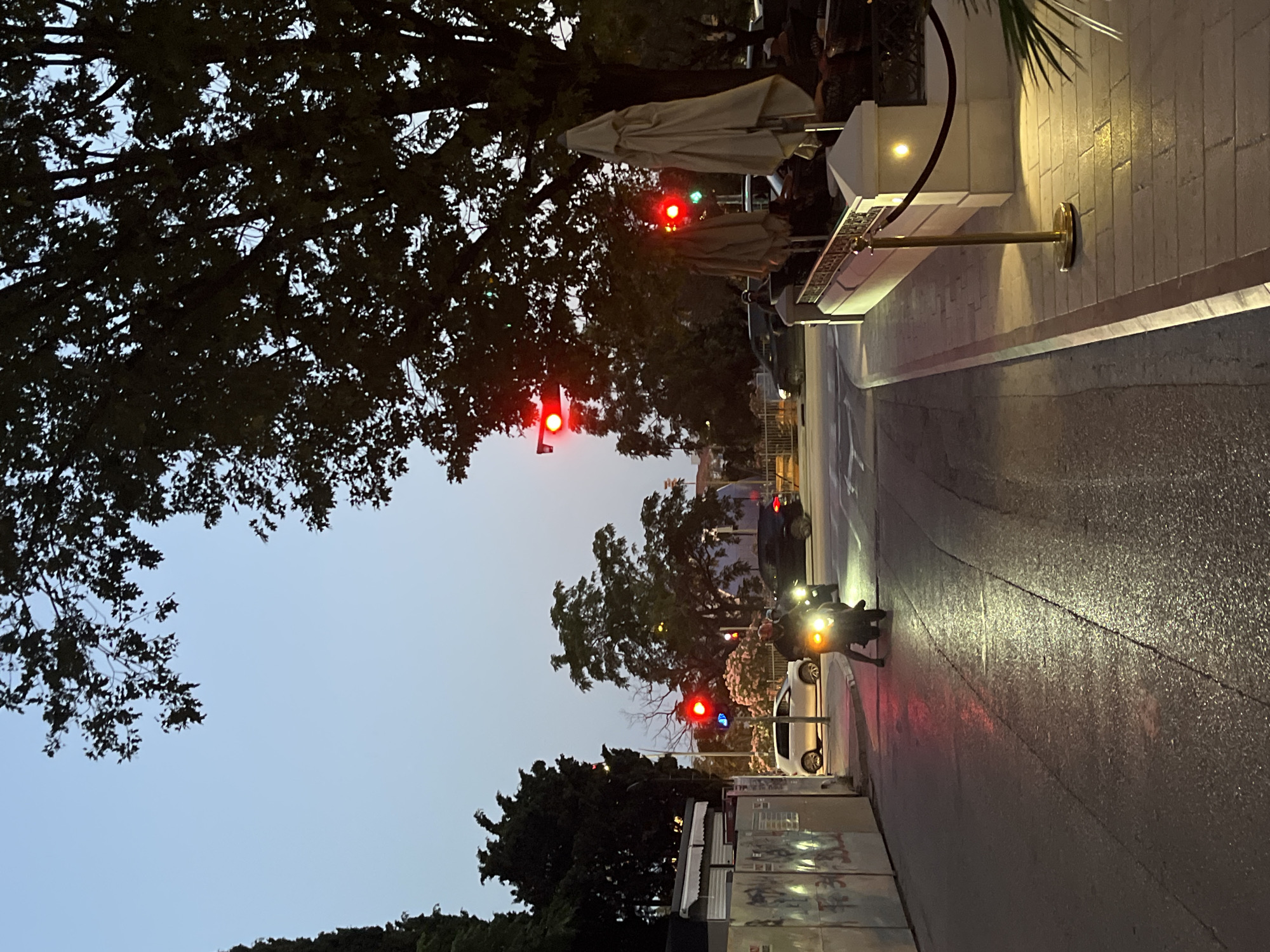 The image depicts a street scene at dusk or twilight in Budva, Montenegro. A traffic light in the foreground is illuminated with red, indicating a stop. To the right, a motorcycle with its headlights on is stopped at the light, with its rider visible. The road surface appears wet, suggesting recent rain or moisture, and reflects the streetlights.
In the background, trees with dark foliage frame the scene, with some leaves silhouetted against the dusky sky. There are outdoor seating areas with umbrellas, hinting at a restaurant or cafe. The architecture suggests a pedestrianized area or sidewalk adjacent to the road, with some buildings and outdoor furnishings visible.
The time of day is clearly evening or late afternoon transitioning into night, as indicated by the low light and artificial illumination. The overall mood is calm and quiet, characteristic of a city winding down for the evening. No visible text is present in the image.