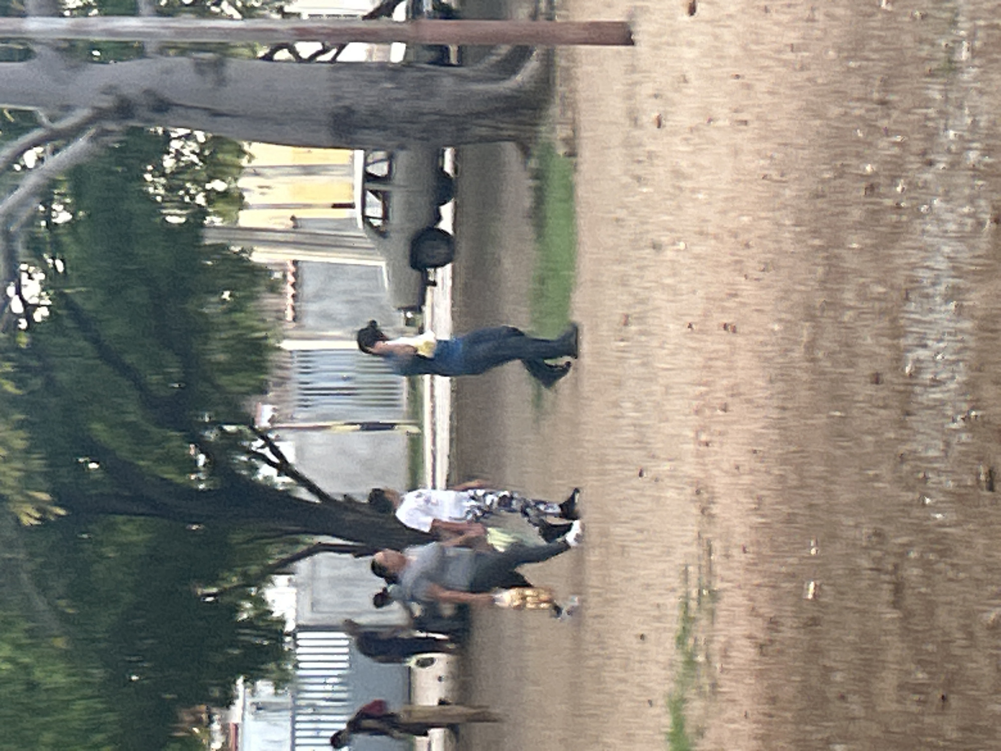 The image depicts an outdoor scene in Santa Ana, Venezuela, characterized by dry, sparse vegetation and a pathway or open area with sandy ground. Several individuals are visible, suggesting a public space. In the foreground, two people are walking, one carrying a plastic bag filled with items. Further in the background, another person is walking with a yellow bag, and behind them, a car is parked. Trees are prominent in the scene, with one large tree trunk in the right foreground and other trees with green foliage in the background. A light-colored fence is also visible behind some of the individuals. The overall impression is of a casual, everyday scene in a moderately urban or semi-rural environment.