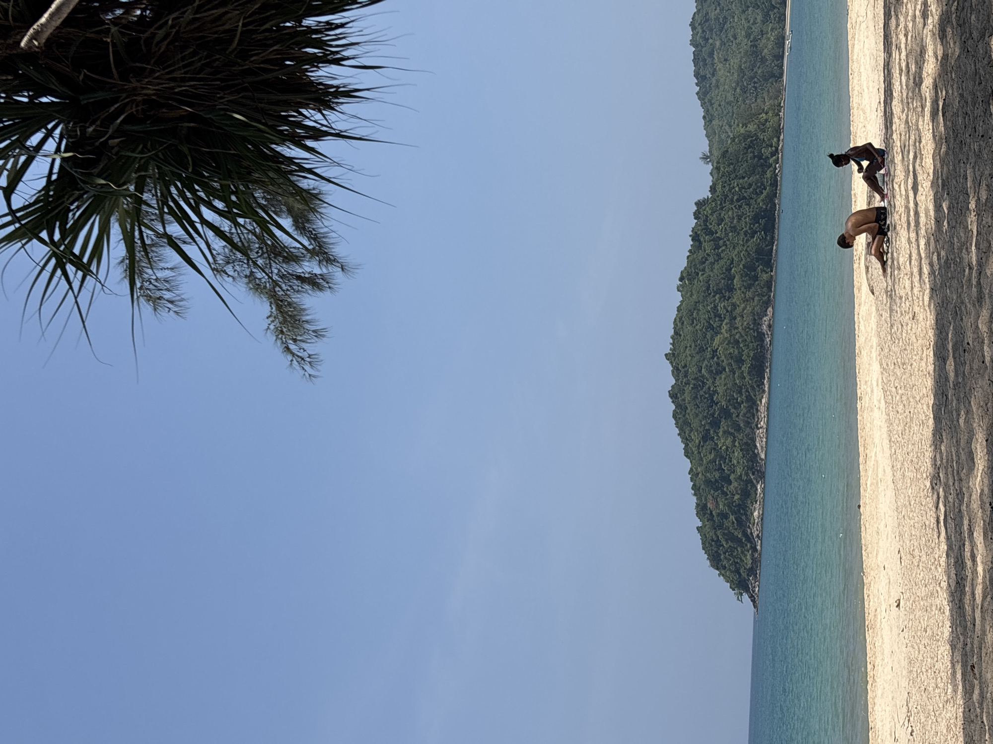 A wide-angle shot captures a coastal scene, potentially in Choeng Thale, Thailand. The left side of the frame features the fronds of a tropical tree against a clear blue sky. A stretch of shoreline runs vertically along the right edge of the image, where two people are on the sand. One appears to be bending over, while the other seems to be standing up. A tree-covered land mass borders the beach, separating the water from the landscape. The water is a light blue color. The beach takes up a small portion of the bottom right of the shot. The photograph has been rotated.