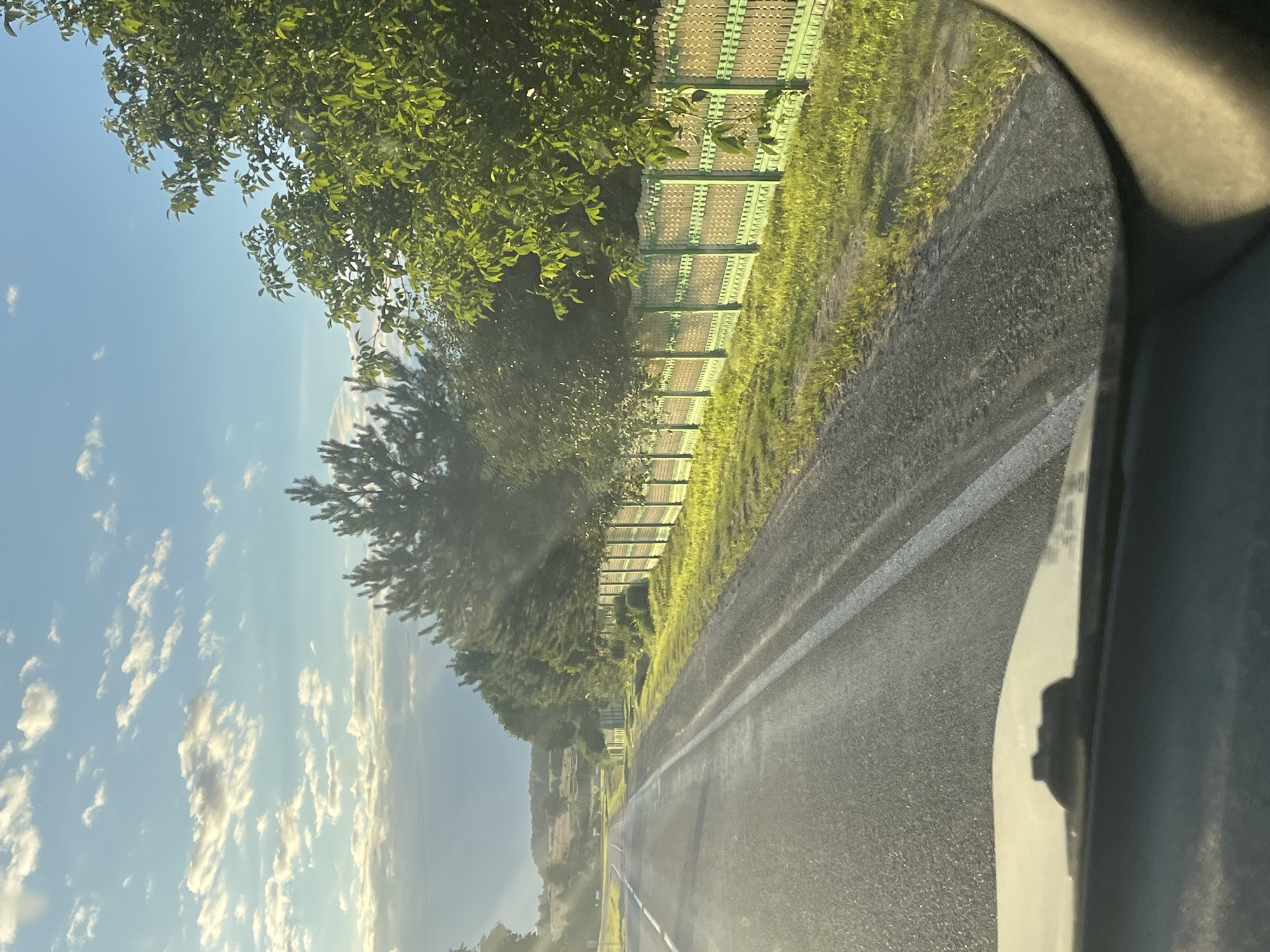 The image shows a view from inside a vehicle traveling on a paved road, likely in or near Красненскі сельскі Савет, Belarus, given the prompt. The road is wet and has a white line marking the lane. To the right of the road, there is a green and gold patterned metal fence bordering a grassy area with some vegetation. Behind the fence, various trees are visible, including pine trees and deciduous trees with green leaves, illuminated by sunlight. The sky above is blue with scattered white clouds. In the distance, a rolling landscape with fields and more trees can be seen. The lower part of the image shows a portion of the vehicle's dashboard and windshield, indicating the perspective of the viewer. There are no people visible in the image.