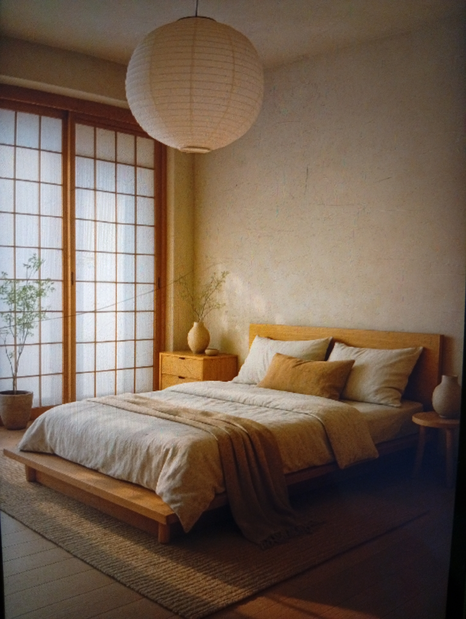 A bedroom scene features a low-platform wooden bed with light-colored linens and a tan throw draped across the foot. The bed has several pillows, including a tan accent pillow. A wooden headboard is positioned against a light beige wall. To the left of the bed, a shoji screen-style window filters natural light, and a potted plant sits in front. A wooden nightstand with a vase and plant stems is to the side of the bed. A spherical paper lantern hangs from the ceiling. The room appears to be styled in a minimalist, Japanese-inspired aesthetic. There is no evidence to suggest the location of Dutsen Alhaji, Nigeria. The description is limited to the visual elements.