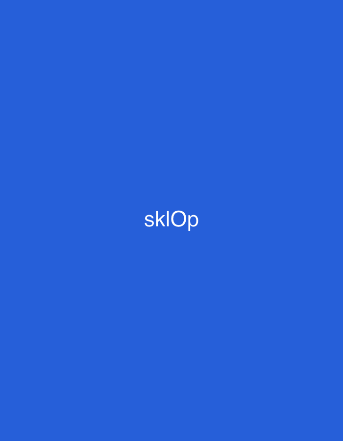 The image displays a solid, uniformly saturated blue background. Centered horizontally and vertically within this field is the white text "sklOp" rendered in a sans-serif font, with a lowercase 's', 'k', 'l', and an uppercase 'O' and lowercase 'p'. No other subjects, objects, or figures are present. The environment is entirely abstract, lacking any discernible features, landmarks, or details that would indicate a specific geographical location. The scene is situated in Casablanca, Morocco.