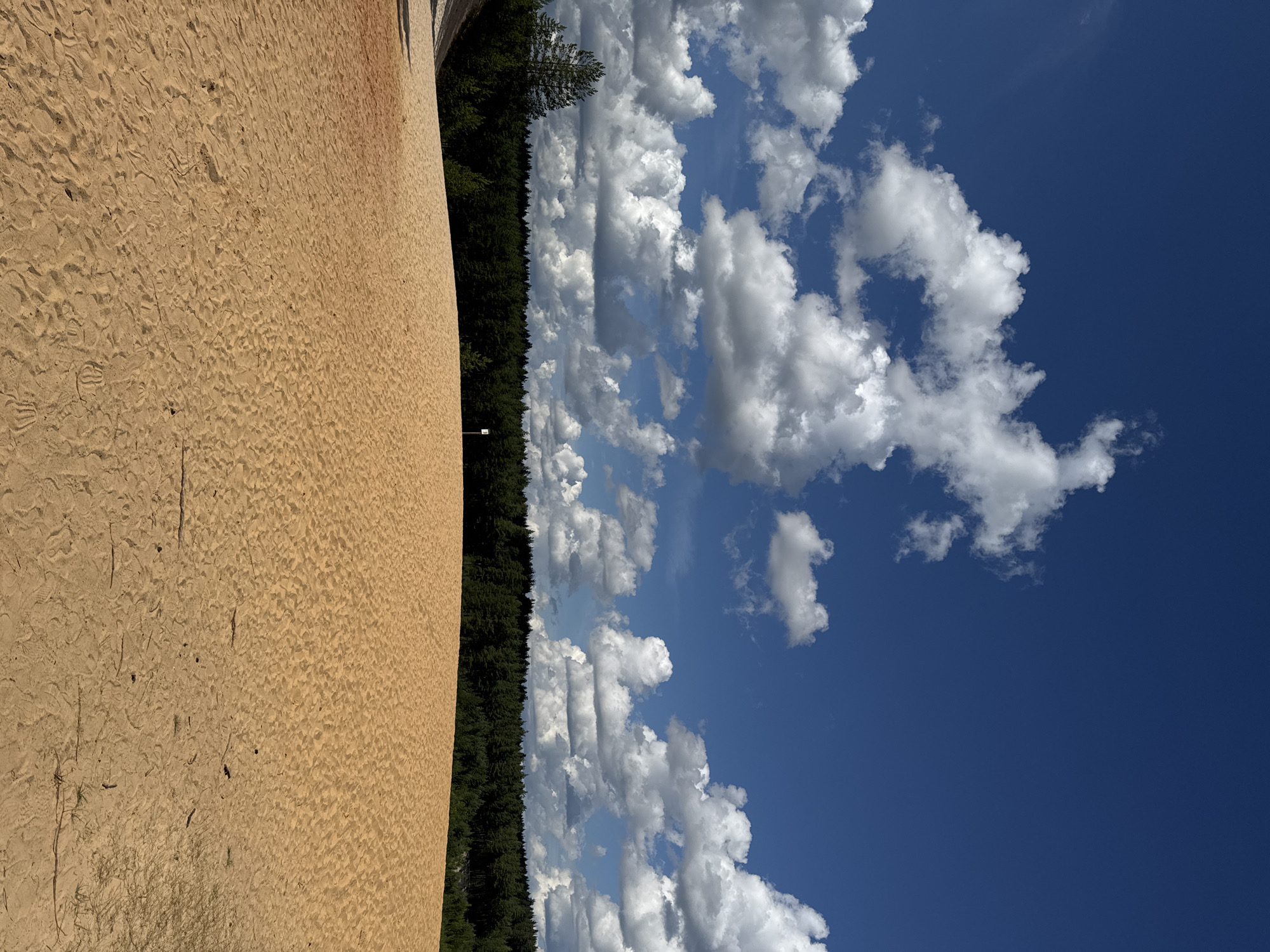 The image depicts a vast expanse of golden sand dunes under a bright blue sky dotted with fluffy white clouds. In the foreground, the sand is textured with numerous footprints, suggesting recent human activity. A sparse line of green vegetation grows on the right side of the dune. In the middle ground, a dark green forest forms a dense horizon line. A single white signpost stands on the crest of the dune, amidst the sand. The location is the Piusa Sand Dunes in Piusa, Estonia, a unique natural landscape formed by wind-blown sand. The overall impression is one of natural beauty and serene isolation.