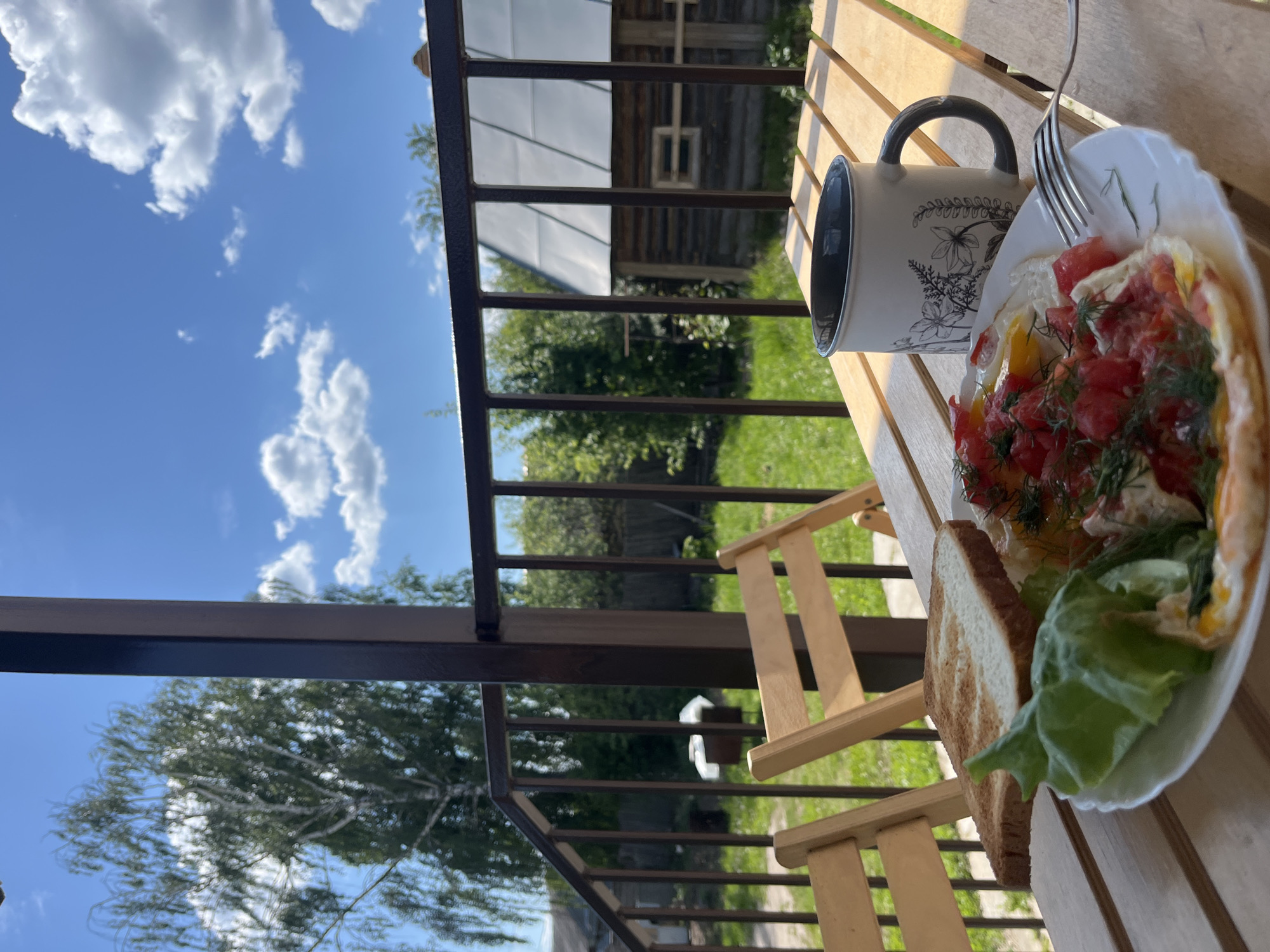 The image captures an inviting outdoor meal scene on a bright, sunny day, likely taken from a balcony, deck, or porch. The perspective looks downwards and outwards, with the horizon line slanted.
In the foreground, a wooden slatted table holds a rustic yet appealing breakfast or brunch setup. A white ceramic mug with a dark grey handle and rim is visible, adorned with a delicate floral design. Beside the mug, a white plate presents an omelet or fried eggs topped generously with diced red tomatoes and fresh dill. A piece of golden-brown toast and a vibrant green lettuce leaf are also on the plate, with a silver fork resting on its edge.
The scene is framed by dark brown metal railings, which span vertically on the left and horizontally across the middle, separating the dining area from the landscape beyond. The background reveals a picturesque rural or semi-rural setting. Lush green grass and numerous trees fill the middle ground. Further in the distance, a wooden building, possibly a cabin or a traditional house, is visible, partially obscured by foliage. A section of a reflective roof, perhaps belonging to a greenhouse, is also discernible near the building.
Above the landscape, the sky is a vivid blue, dotted with scattered white, fluffy clouds, indicating excellent weather. The strong sunlight casts distinct shadows, suggesting it is mid-morning or early afternoon. The overall impression is one of tranquility and simple pleasure, enjoying a meal outdoors in a natural setting. The location context of Новая Тура, Russia, aligns with the rustic and natural elements depicted. There is no discernible text visible in the image.