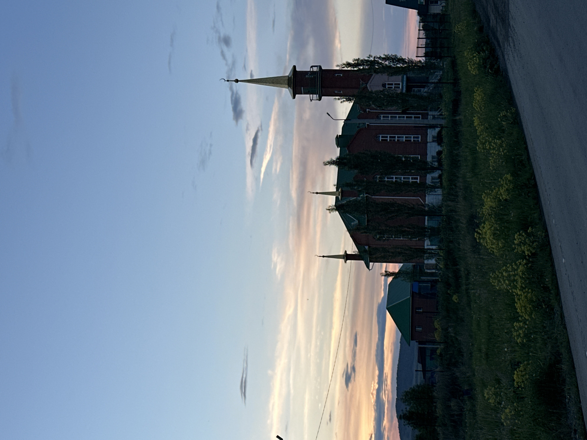 The image depicts a mosque and its surroundings at dusk or sunset in the city of Unknown, Unknown. The sky transitions from a clear, light blue at the top to hues of orange, pink, and purple closer to the horizon, with scattered, elongated clouds. In the foreground, a dark, unpaved road occupies the lower right, bordered by a field of green grass and clusters of small yellow wildflowers.
The central subject is a multi-story mosque constructed primarily of red brick, featuring a prominent, tall minaret on its right side. This minaret has a balcony and is topped with a golden, conical spire culminating in a golden crescent moon and star emblem. The mosque's main roof sections are dark green, and a smaller, golden-capped spire with a crescent moon is visible on the left side of the main building. The mosque's walls have multiple arched, white-framed windows. Several tall, slender trees with dark foliage stand directly in front of and around the mosque building.
Behind the mosque, to the left, another brick building with a dark green gabled roof is visible. Further in the background, a range of dark, undulating hills or mountains extends along the horizon. A black metal fence is partially visible to the right of the mosque, separating the property. Overhead, power lines traverse the middle ground of the image. No people are visible, and no specific actions or interactions are occurring. The environment appears rural or semi-rural, characterized by natural vegetation and residential structures.