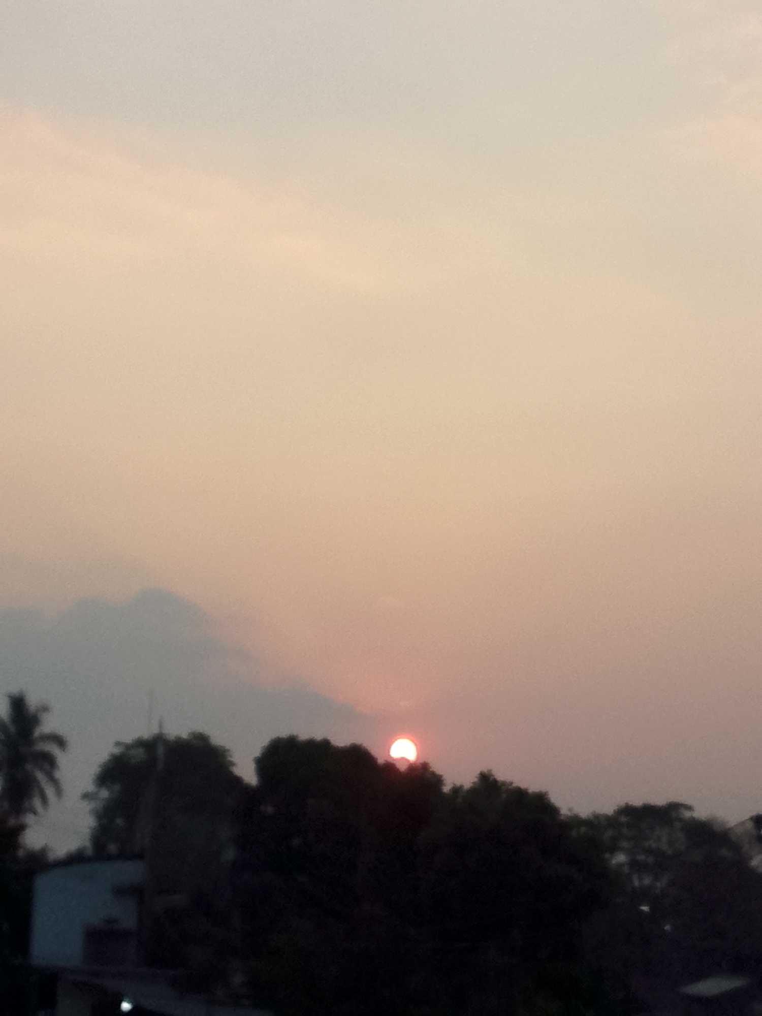 The image captures a serene sunset over Gunung Masigit, Indonesia. The sky is a soft gradient of pale orange and grey, with a few wispy clouds scattered across the horizon. Partially obscured by trees, the setting sun appears as a vibrant orange orb, casting a warm glow. Silhouetted against the sky are the dark shapes of lush green trees, with a prominent palm tree on the left side of the frame. In the foreground, a few buildings are visible, their details indistinct due to the low light and distance. The overall atmosphere is tranquil and picturesque, evoking a sense of peace and natural beauty.