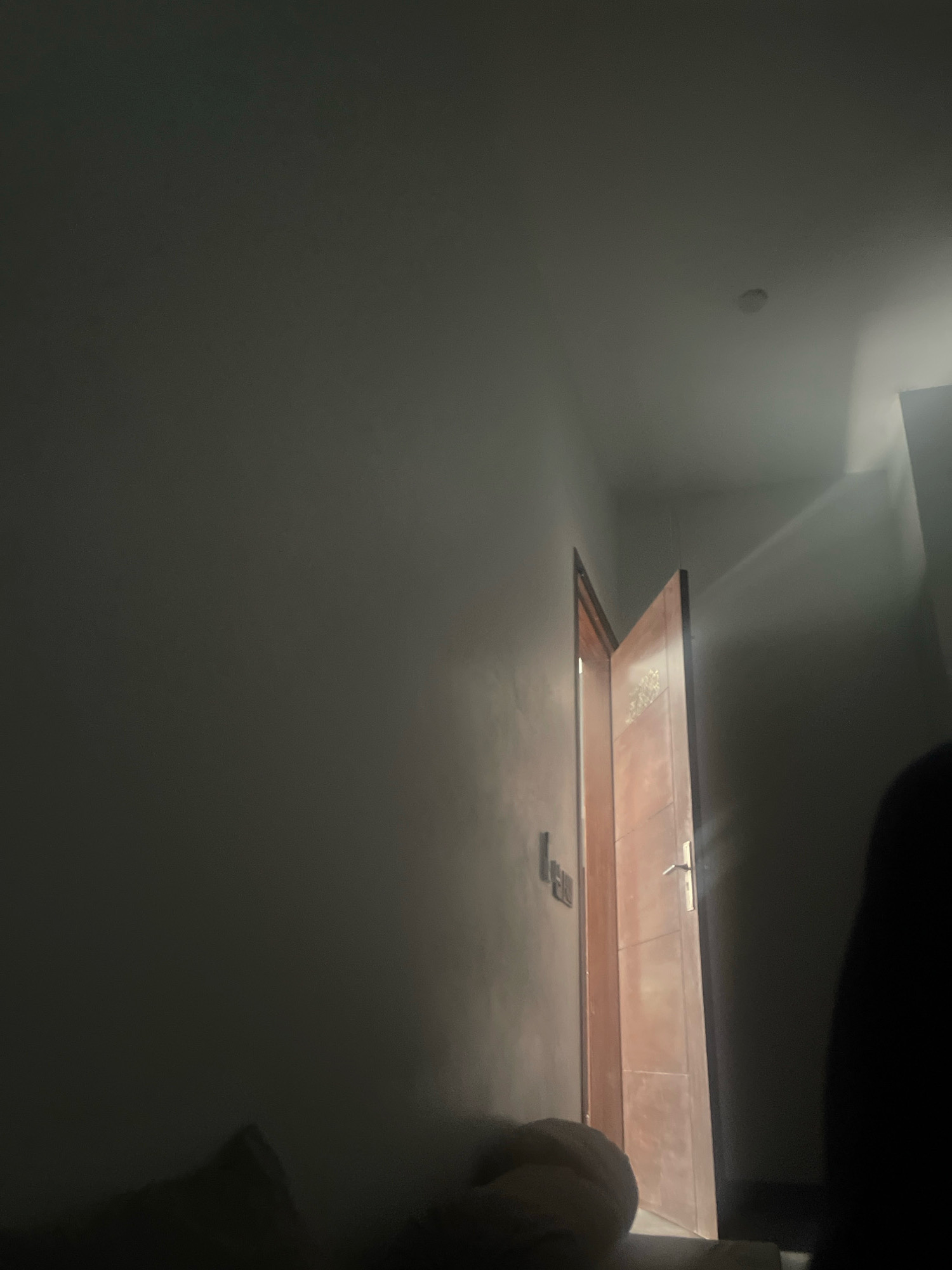The image captures an interior scene, possibly a hallway or room, in Karachi Division, Pakistan. A light wooden door is ajar, allowing a bright shaft of light to stream across the muted gray wall. The light creates a strong contrast, illuminating a portion of the wall and casting shadows. The door appears to have a metallic handle. On the wall near the door, a light switch or electrical outlet is visible. The lower portion of the image is significantly darker, with amorphous shapes suggesting furniture or possibly a person in silhouette. The overall impression is one of low light conditions with a distinct light source emanating from beyond the open door.
