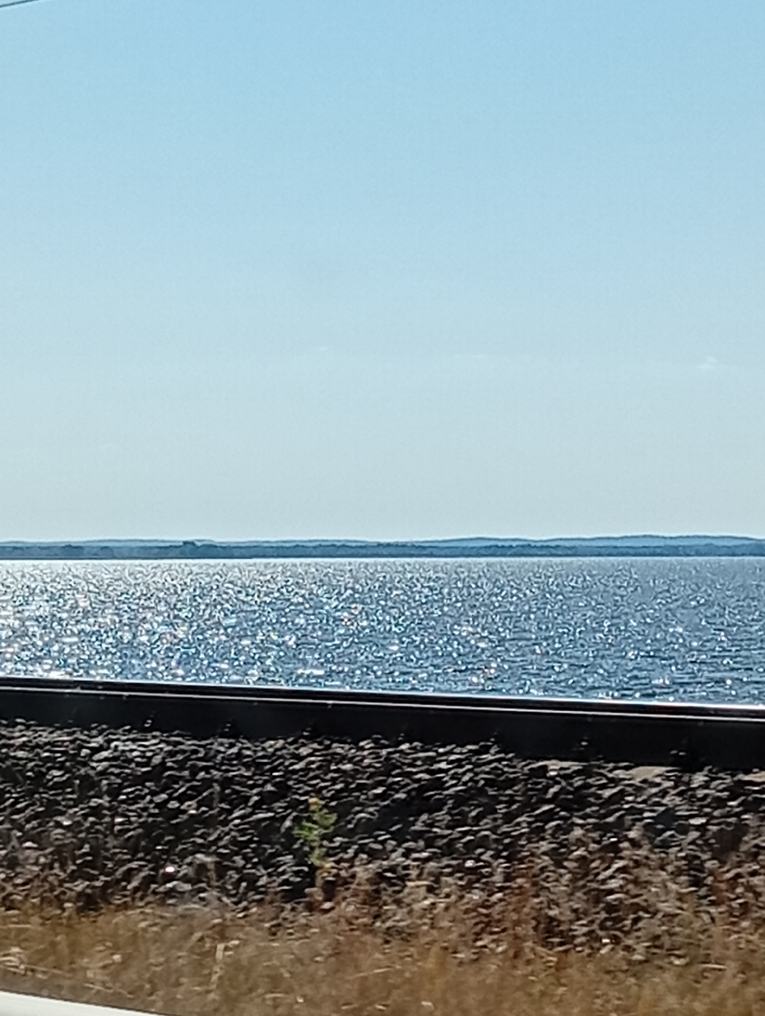 The image is a landscape view of a body of water with a train track in the foreground. The water is sparkling with sunlight. In the distance, there is a treeline along the horizon. The sky is clear and blue. The foreground shows a ballast of rocks with some dry grass and a small green plant.