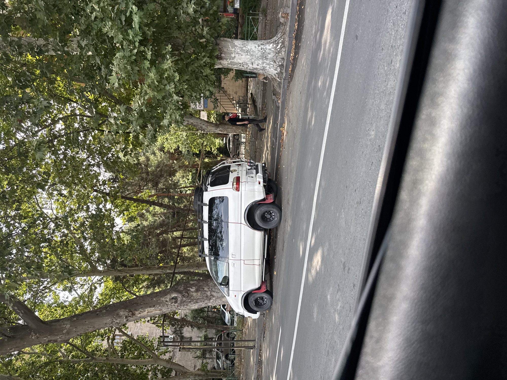 A white Mitsubishi Delica van is parked on the side of a tree-lined street in Tbilisi, Georgia. The van has a roof rack and off-road tires with red mud flaps. In the background, other vehicles are parked along the street, and a man in a black shirt and pants walks down the sidewalk. A small dog is also visible near the man. The street is paved, and there is a white line marking the lane. The environment is urban, with buildings visible behind the trees. The image appears to be taken from inside a vehicle, as indicated by the dark foreground.