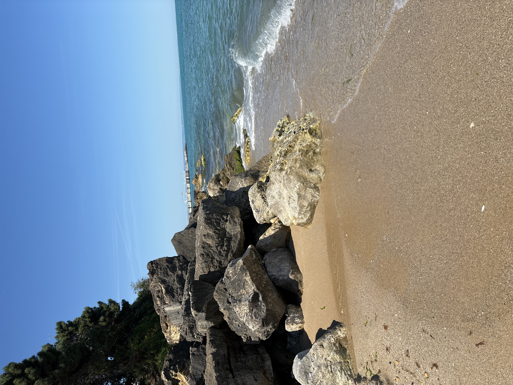 The image depicts a rocky beach with calm, turquoise water under a clear blue sky. Large, dark boulders and lighter-colored rocks are scattered along the shoreline, with some vegetation, including a large tree, visible on the left. The sand on the beach is light brown and appears wet near the water's edge, where gentle waves are breaking. In the distance, a pier or breakwater extends into the sea. The scene is serene and natural. This location is likely on the northern Black Sea coast of Varna, Bulgaria, potentially near the Sea Garden or one of the city's beaches.