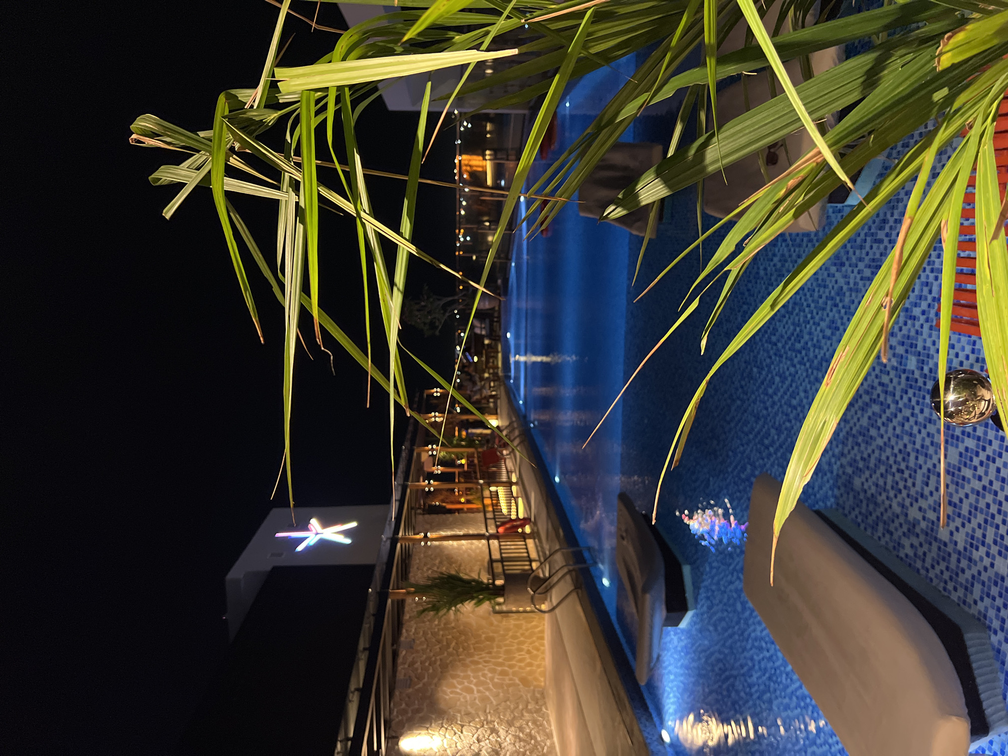 The image shows a night scene at a poolside setting in Nha Trang Ward, Vietnam. A bright blue, mosaic-tiled pool is featured, with lounge chairs partially submerged in the water. Green foliage of palm trees or similar plants is prominent in the foreground, partially obscuring the view.
Along the pool's edge, there's a building with a balcony or patio area, possibly a restaurant or hotel. There are lights visible on the balcony, suggesting activity. A brightly illuminated logo or sign in the shape of an "X" is seen on the top of the building. The background is dark, implying it is nighttime. The scene seems serene, with only the illumination from the building and water.