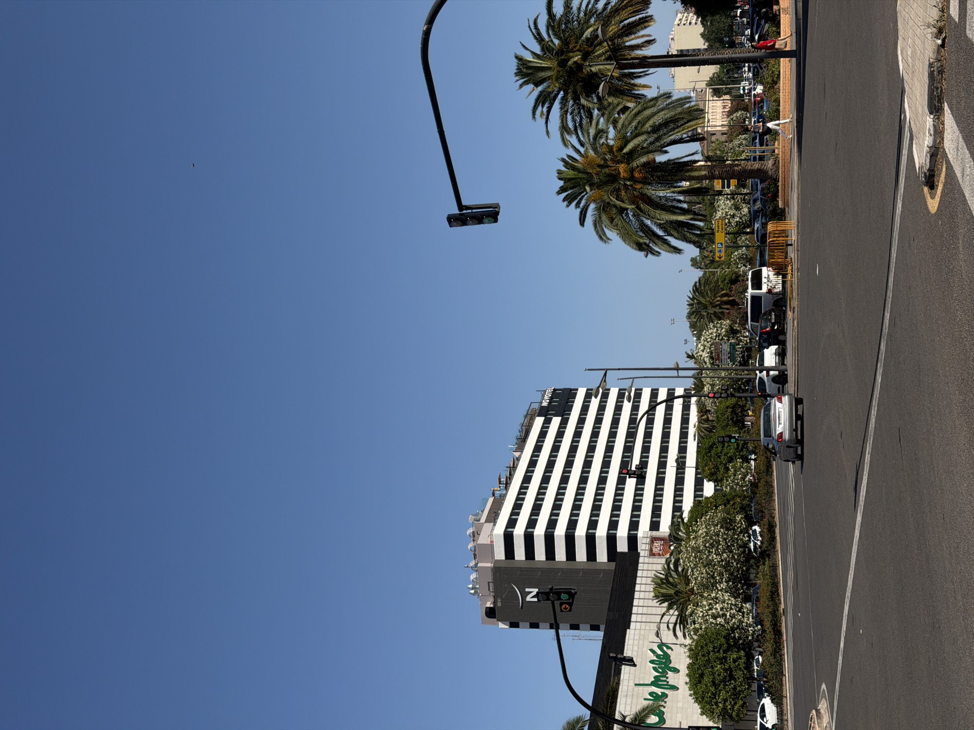 The image depicts a street scene with a clear blue sky. In the foreground, a road with white lane markings and a sidewalk with paving stones are visible. To the right of the road, a yellow curb is marked with a yellow circular section. On the left side of the road, a tall, modern building with a black and white striped facade dominates the scene. A large green sign with white text is visible at the base of this building. Further down the street, several cars are parked.
Palm trees are scattered throughout the scene, with two large palm trees prominently featured in the upper left portion of the image. A traffic light is hanging from a curved pole, with its lights illuminated. In the distance, other buildings and more palm trees can be seen. A small dark object, possibly a bird or an insect, is visible in the sky in the upper left quadrant.
The building displays the text "NOVO TEL" near the top. At the base of the building, a green sign reads "Corte Inglés". The scene appears to be set during the daytime, under sunny conditions, suggested by the bright sky and the sharp shadows. The overall atmosphere is that of a sunny day in an urban environment with a tropical or Mediterranean influence due to the presence of palm trees.