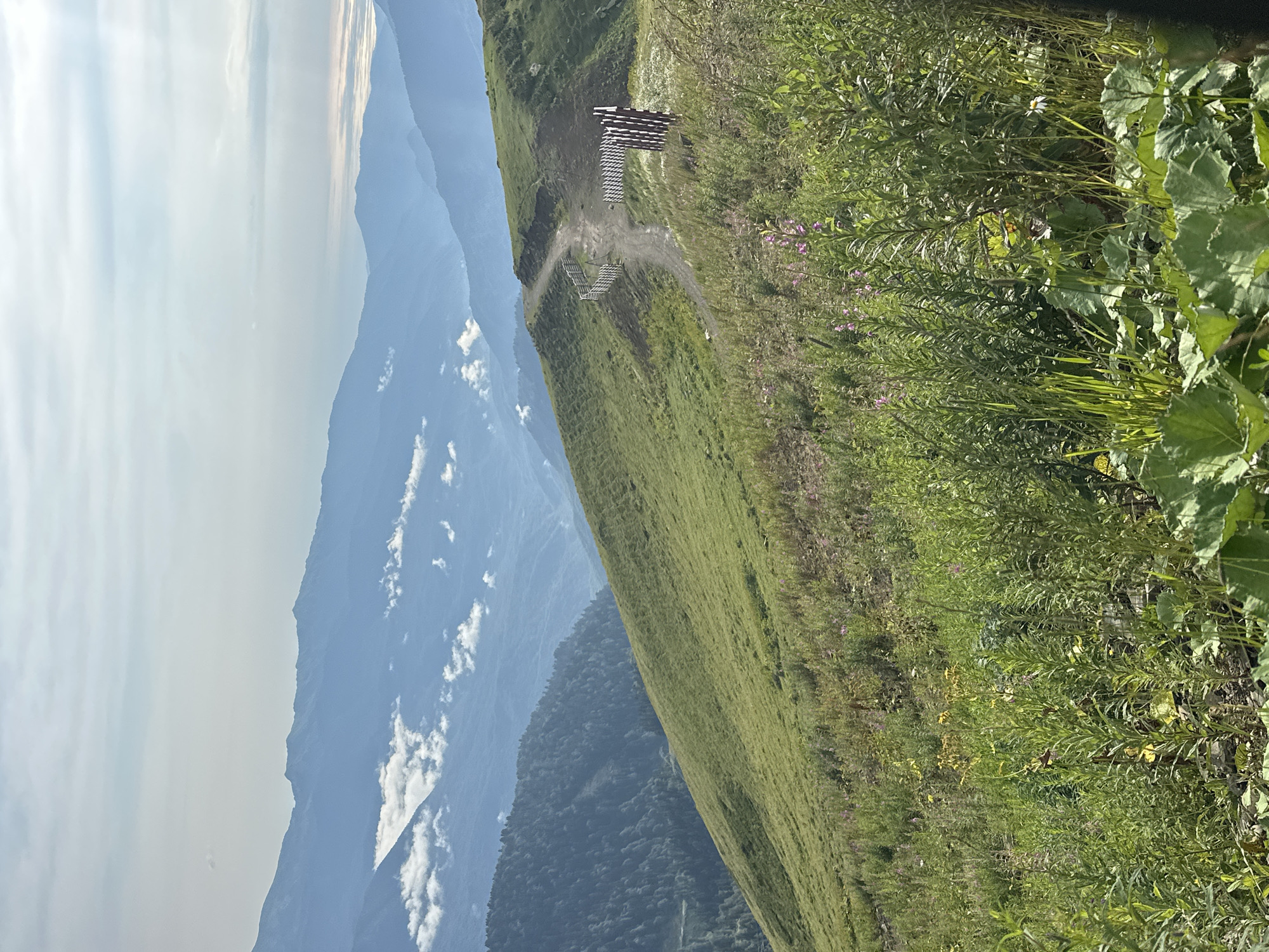 This image depicts a scenic mountain landscape with a winding dirt path and a wooden fence. The path curves up a grassy slope, leading towards the horizon. In the foreground, lush green vegetation and some purple wildflowers are visible. In the background, layers of blue mountains fade into the distance, with scattered clouds and a hazy sky. The location is identified as Estosadok, Russia, a resort town known for its mountain scenery. There are no people or animals visible in the image. The scene appears peaceful and natural, characteristic of a mountain trail.