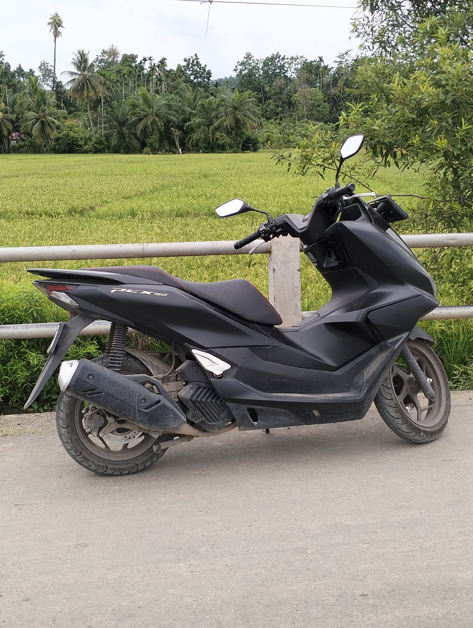 The image depicts a matte black Honda PCX 160 scooter parked on a concrete surface. Behind the scooter, a metal railing runs parallel to a vibrant green rice field. Beyond the field, a dense tropical forest with coconut trees rises in the background. The location is Uleegajah, Indonesia, indicated by the landscape. There are no people visible in the frame. The scooter is the primary subject, appearing stationary and unattended. The overall environment suggests a rural or semi-rural setting.