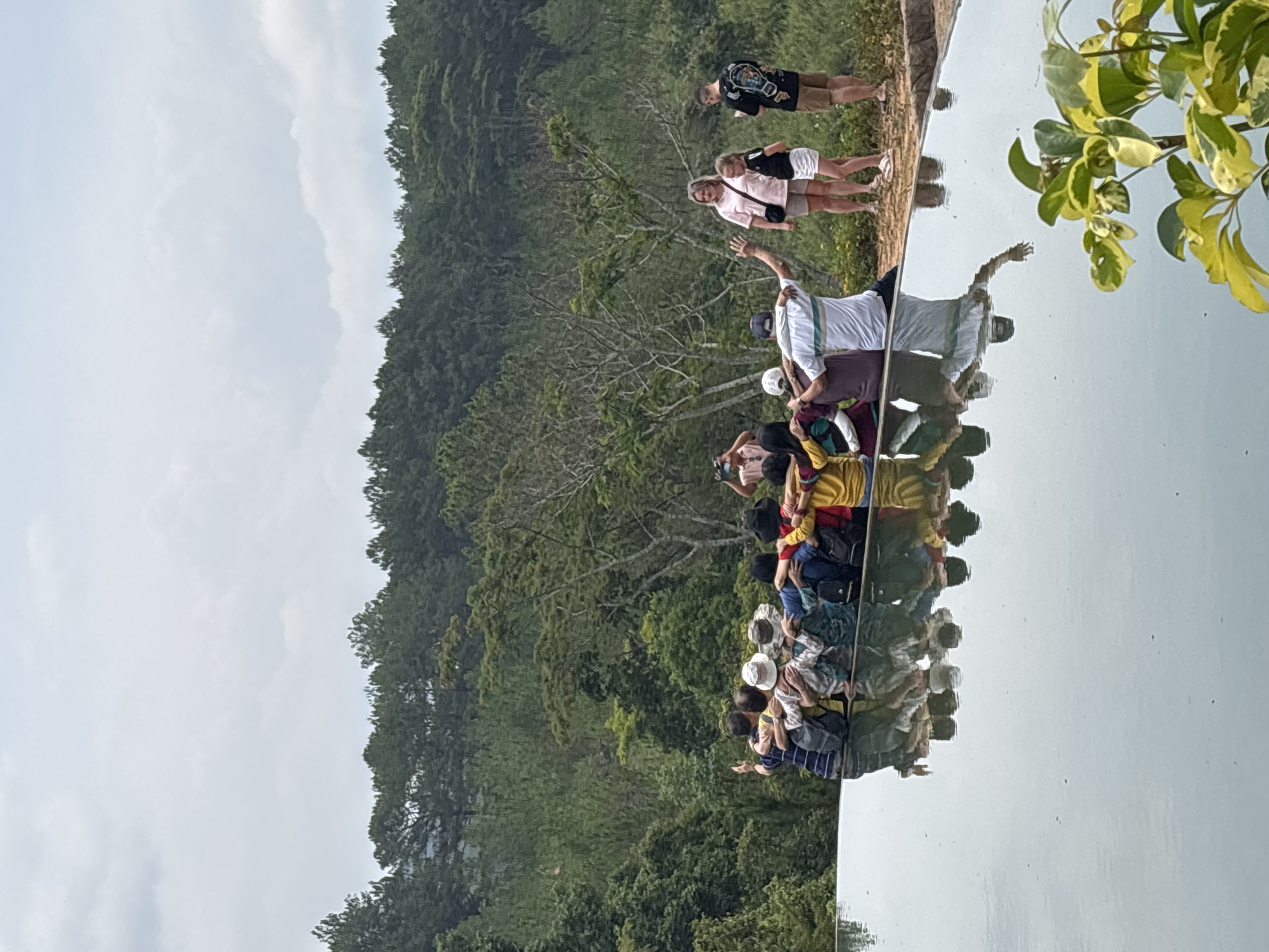 A group of tourists is captured at an outdoor scenic spot, standing along the edge of a large, highly reflective surface, possibly a mirror-like water feature or an actual mirror. Their clear reflections are visible below them, creating an optical illusion. In the background, a lush, dense forest covers a hillside, stretching upwards towards a softly lit, overcast sky.
The people, appearing to be adults, are casually dressed in t-shirts, shorts, and hats. They are engaged in various poses, with several individuals raising their arms as if waving or posing for a photograph. The expressions on their faces suggest a relaxed and enjoyable experience. A small plant with distinctive green and yellow variegated leaves is visible in the foreground on the right, partially reflected in the surface.
The weather appears to be a cloudy daytime, with soft, diffused lighting. The stillness of the reflective surface contributes to the perfect clarity of the reflections. This type of attraction, often called an "infinity pool" or "mirror lake" is a popular feature in tourist destinations like Da Lat, Vietnam, providing unique photo opportunities amidst natural landscapes. There is no visible text in the image.