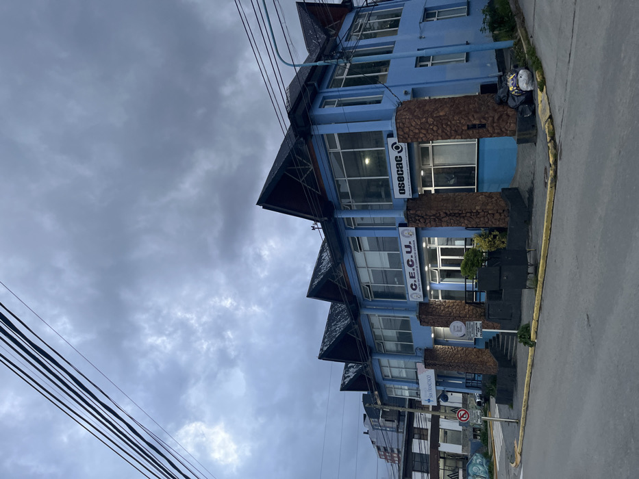 A multi-story building with blue painted walls and dark gabled roofs stands against a cloudy sky. Stone columns adorn the facade. Signs for "OSSEACAC," "G.E.C.U," and "San Francisco" are visible. Power lines cross the left side of the frame. A street and sidewalk run along the building's base, marked with a "no stopping" sign.