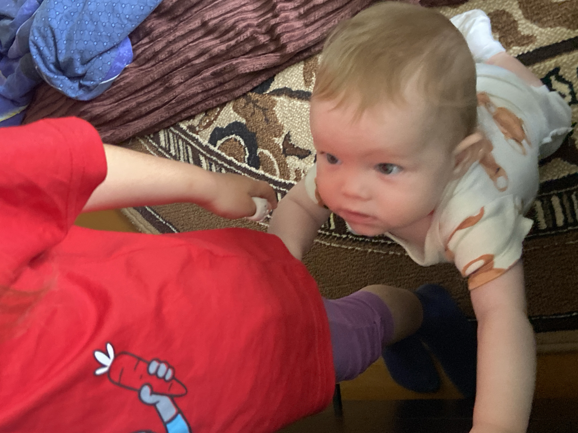 A baby crawls on a patterned rug indoors, reaching for a small white object held by a person wearing a red shirt with a cartoon carrot design. The person also wears purple tights and blue socks. A blue blanket with a white pattern and a brown textured blanket are in the background. Location information (Foki, Russia) is unsupported by visual evidence.