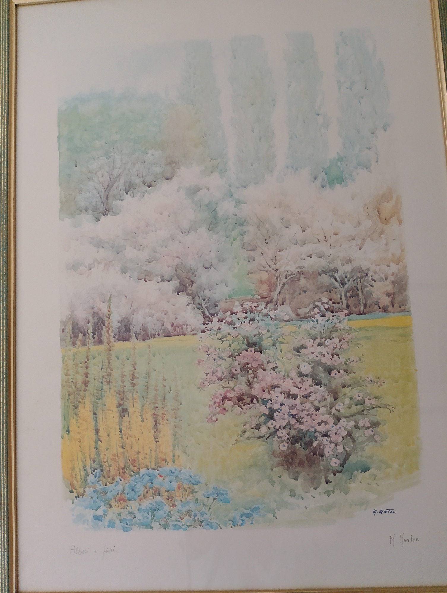 This is a watercolor painting in a framed print. The painting depicts a soft, Impressionistic garden scene. In the foreground, there is a bush with delicate pink blossoms and a patch of small blue flowers. Behind these, a field of tall, thin yellow stalks is visible, with a hint of blue in the background suggesting more flowers or distant foliage. The middle ground is filled with trees, some appearing bare or in early bloom with light, airy foliage in shades of white and pale pink. Further back, tall, thin shapes, possibly trees or architectural elements, are rendered in muted blues and greens against a pale sky. The overall impression is one of a tranquil spring day.
There are two instances of visible text. In the bottom left corner, handwritten in script, are the words "Alberi e fiori" which translates to "Trees and flowers." In the bottom right corner, there are two signatures. The upper one appears to read "H. Marten" and the lower one is clearly "M. Marten." The time of day appears to be daytime, with soft lighting and no strong shadows, suggesting a mild or overcast day. The location is implied to be a garden or park. The overall mood is peaceful and serene.