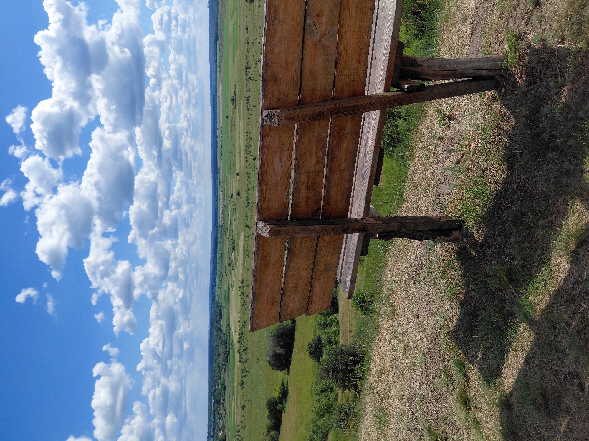 A wooden bench sits on a grassy hill overlooking a vast, green landscape under a bright blue sky filled with puffy white clouds. The bench is positioned in the foreground, facing away from the viewer, with its backrest and seat made of rough-hewn wooden planks. The hill is covered in dry grass and some patches of green. In the middle ground, the landscape unfolds with rolling fields of varying shades of green, interspersed with trees and some small structures that suggest a rural setting. The horizon is dotted with trees and a hazy line of distant terrain. The scene is peaceful and idyllic, showcasing a natural view. This location is in the city of Ustyvytsia, Ukraine.